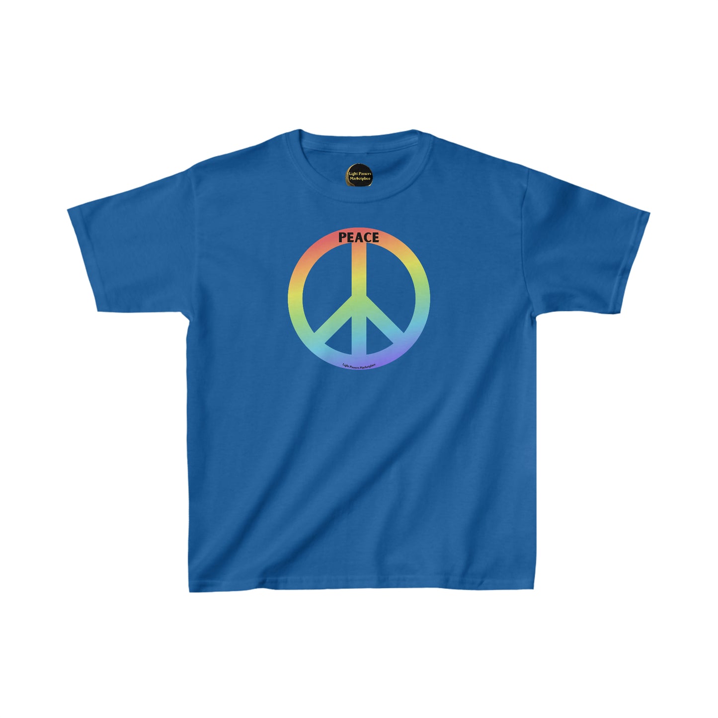 A blue youth t-shirt featuring a peace sign design, made of 100% cotton for comfort and durability. Classic fit with tear-away labels for added comfort. Ethically sourced US cotton.