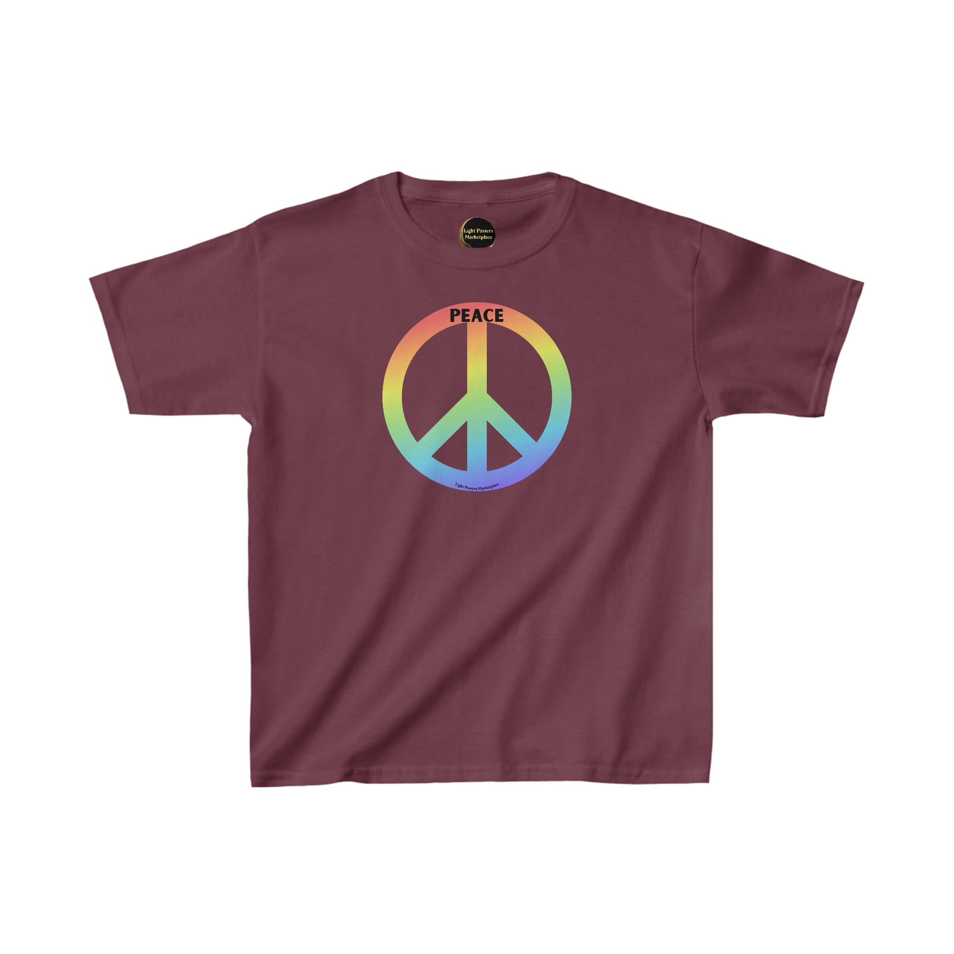 A purple youth t-shirt featuring a peace sign design in rainbow colors. Made of 100% cotton with twill tape shoulders for durability and ribbed collar for curl resistance. Ethically crafted with tear-away labels.