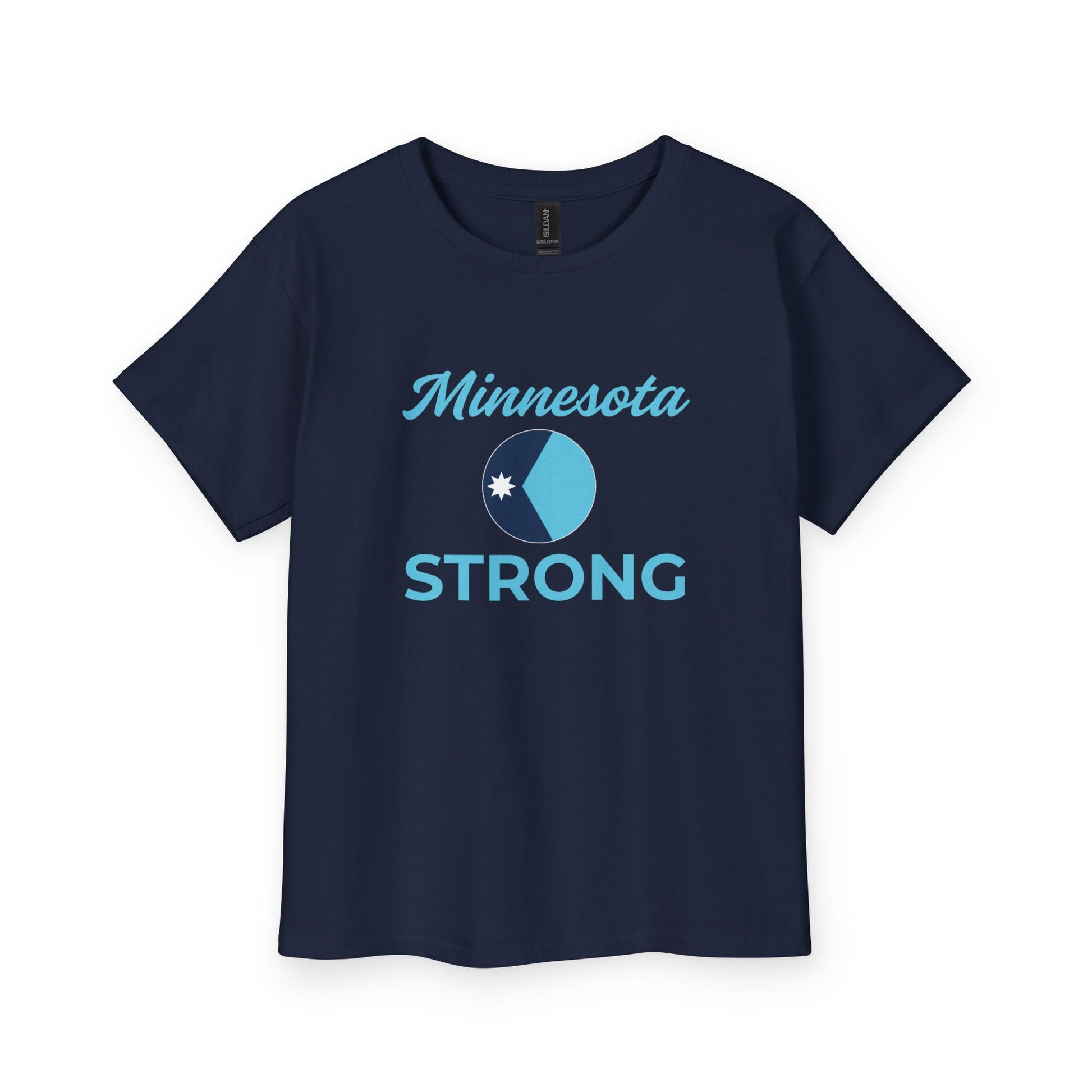 Youth Tee with Minnesota Strong in light blue, featuring a bisected emblem and star. Ideal for young activists, promoting democracy. Regular fit, vintage-weight cotton.