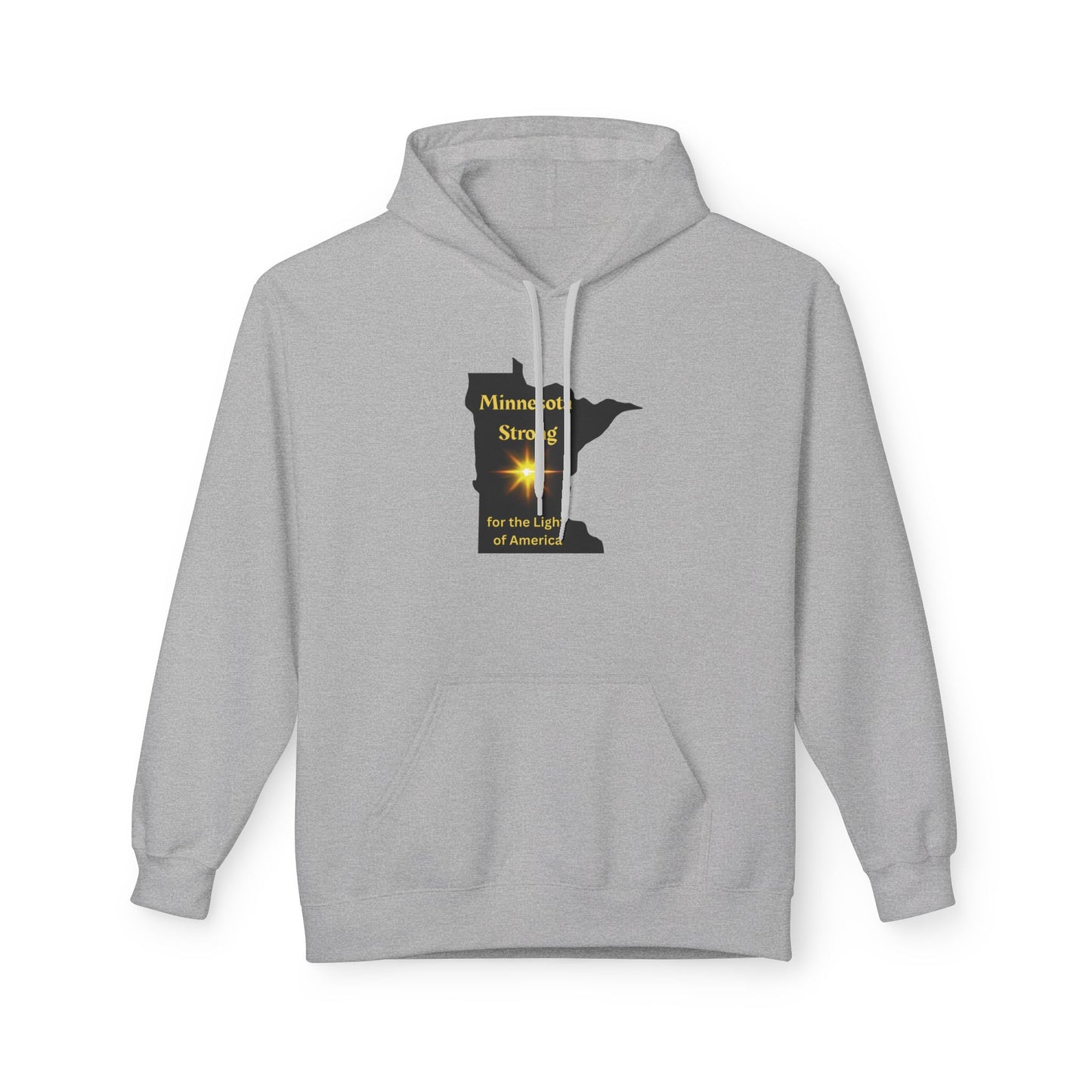 Light-gray hoodie with kangaroo pocket, featuring a black Minnesota silhouette and yellow Minnesota Strong text. Cozy, sustainable fabric with relaxed fit.