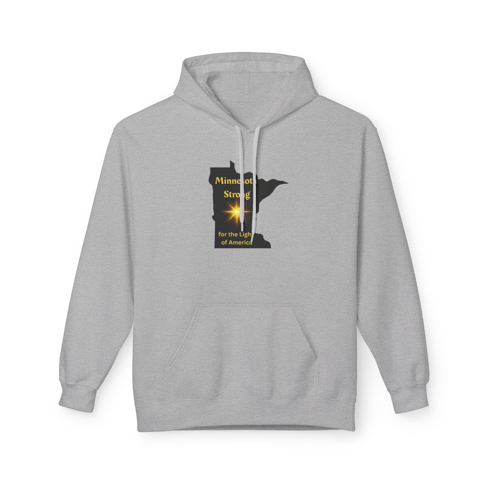 Light-gray hoodie with kangaroo pocket, featuring a black Minnesota silhouette and yellow Minnesota Strong text. Cozy, sustainable fabric with relaxed fit.