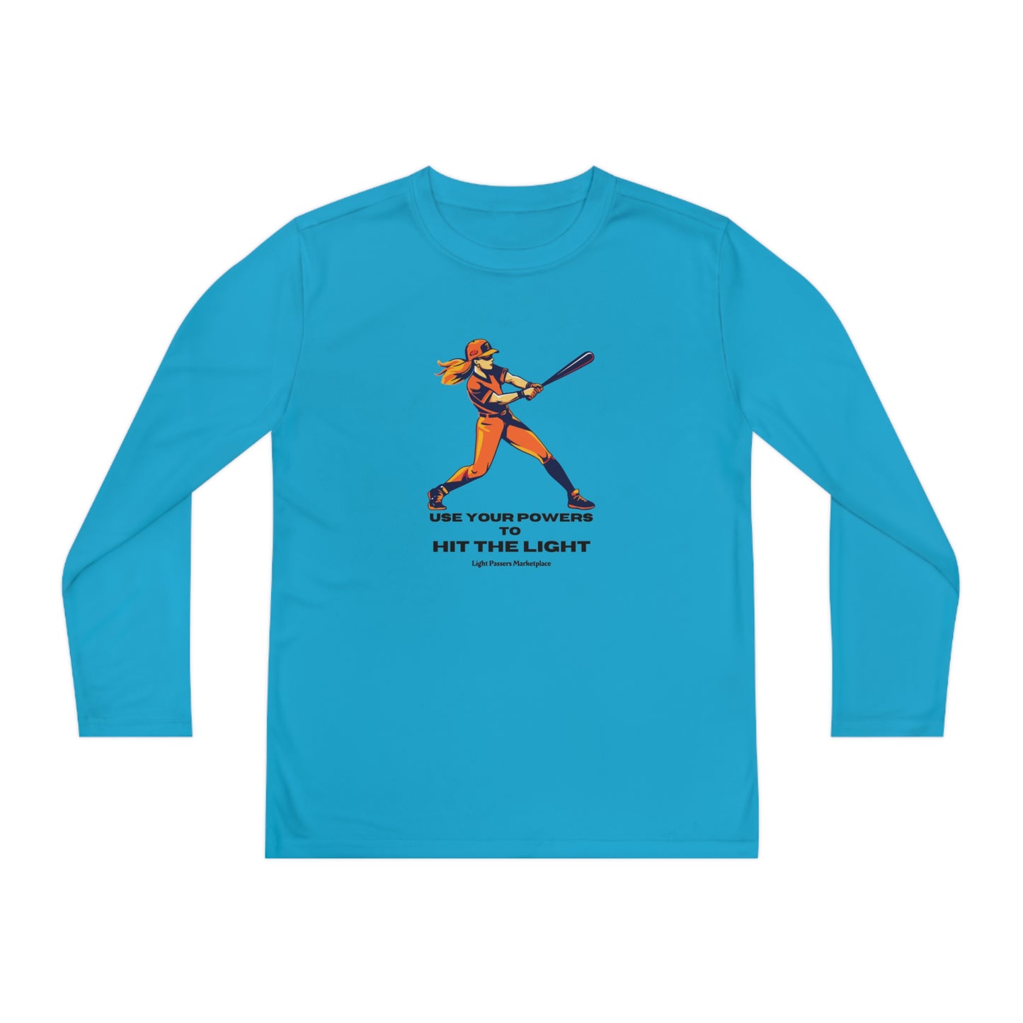 A blue long-sleeved youth tee featuring a baseball player design, ideal for active kids. Made of moisture-wicking polyester with an athletic fit and lightweight fabric.