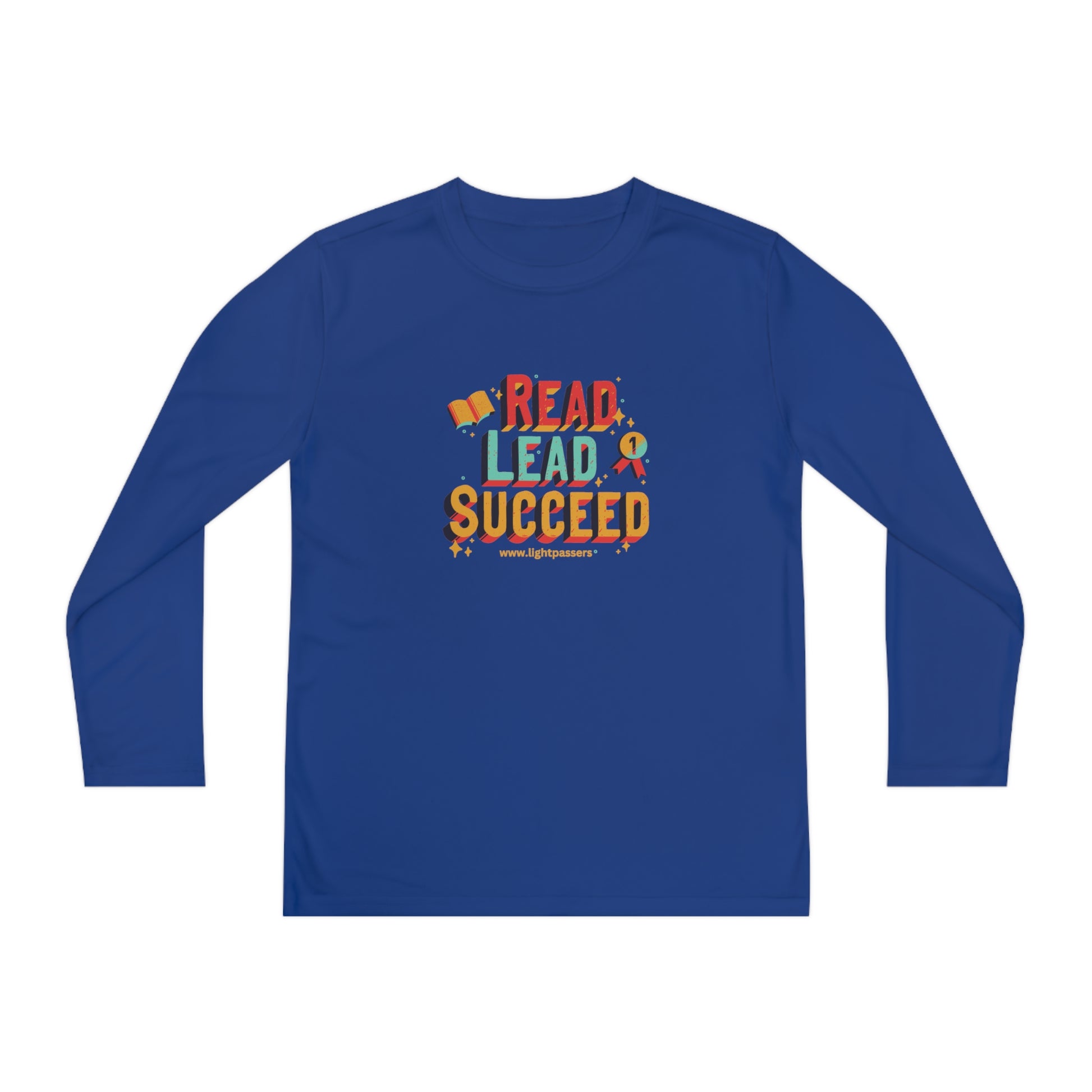 Long Sleeve Read Lead and Succeed Youth T-Shirt featuring colorful text, moisture-wicking material, and athletic fit for active young book lovers.