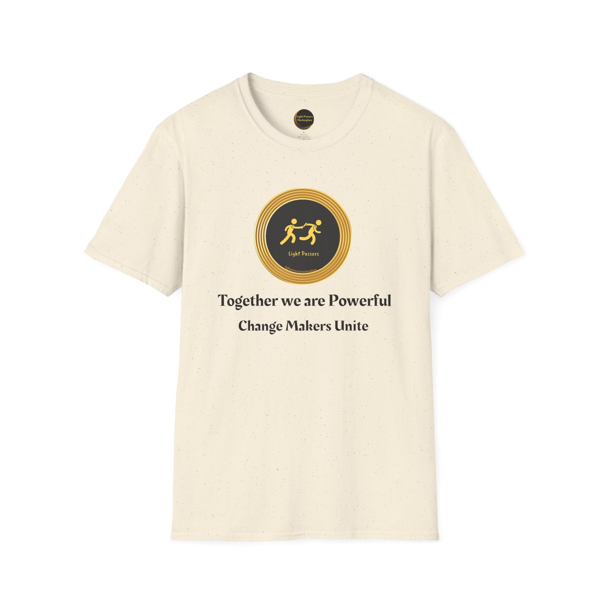 Empowerment Tee - Change Makers Unite Light Passers Team Adult Unisex T-Shirt with circular logo and unity slogan, emphasizes empowerment and unity with a classic fit.