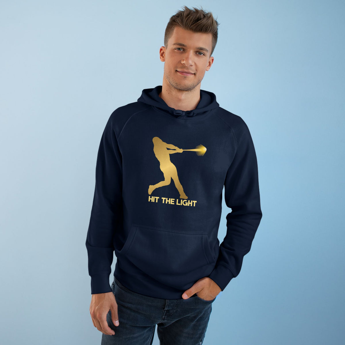 Adult Unisex Baseball Hoodie — 'Hit the Light' Male Batter Silhouette Pullover