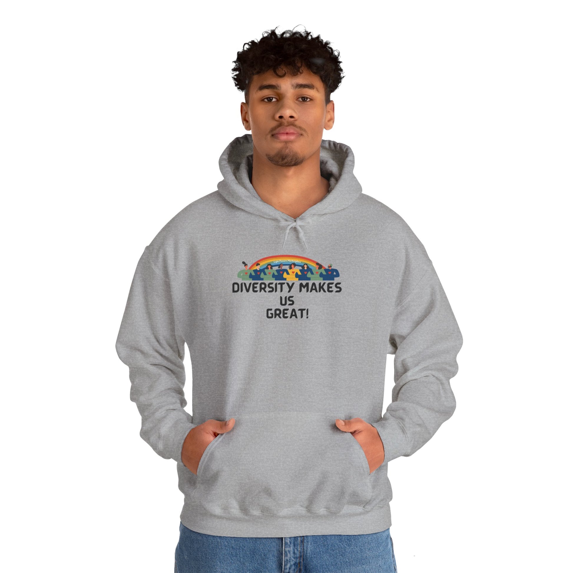 A person in a hooded sweatshirt with hands in pockets, showcasing a cozy, unisex heavy blend hoodie. Features a kangaroo pocket and color-matched drawstring for style and practicality.