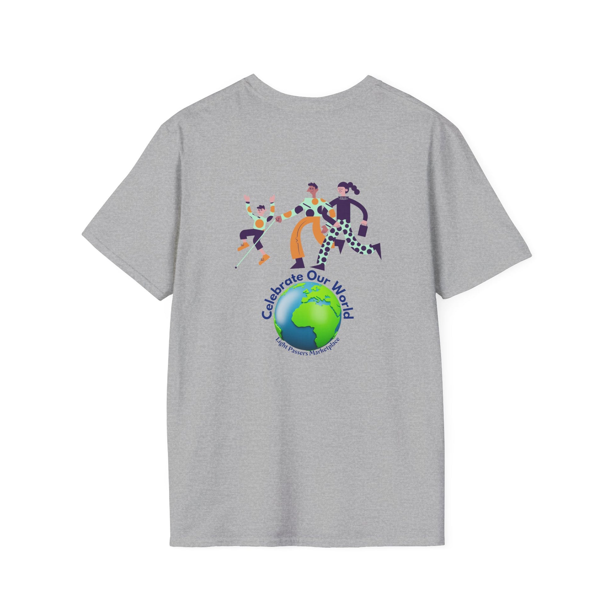 A back view of a grey unisex t-shirt with a graphic design featuring people and a globe. Made from soft 100% cotton, with twill tape shoulders for durability and a ribbed collar.