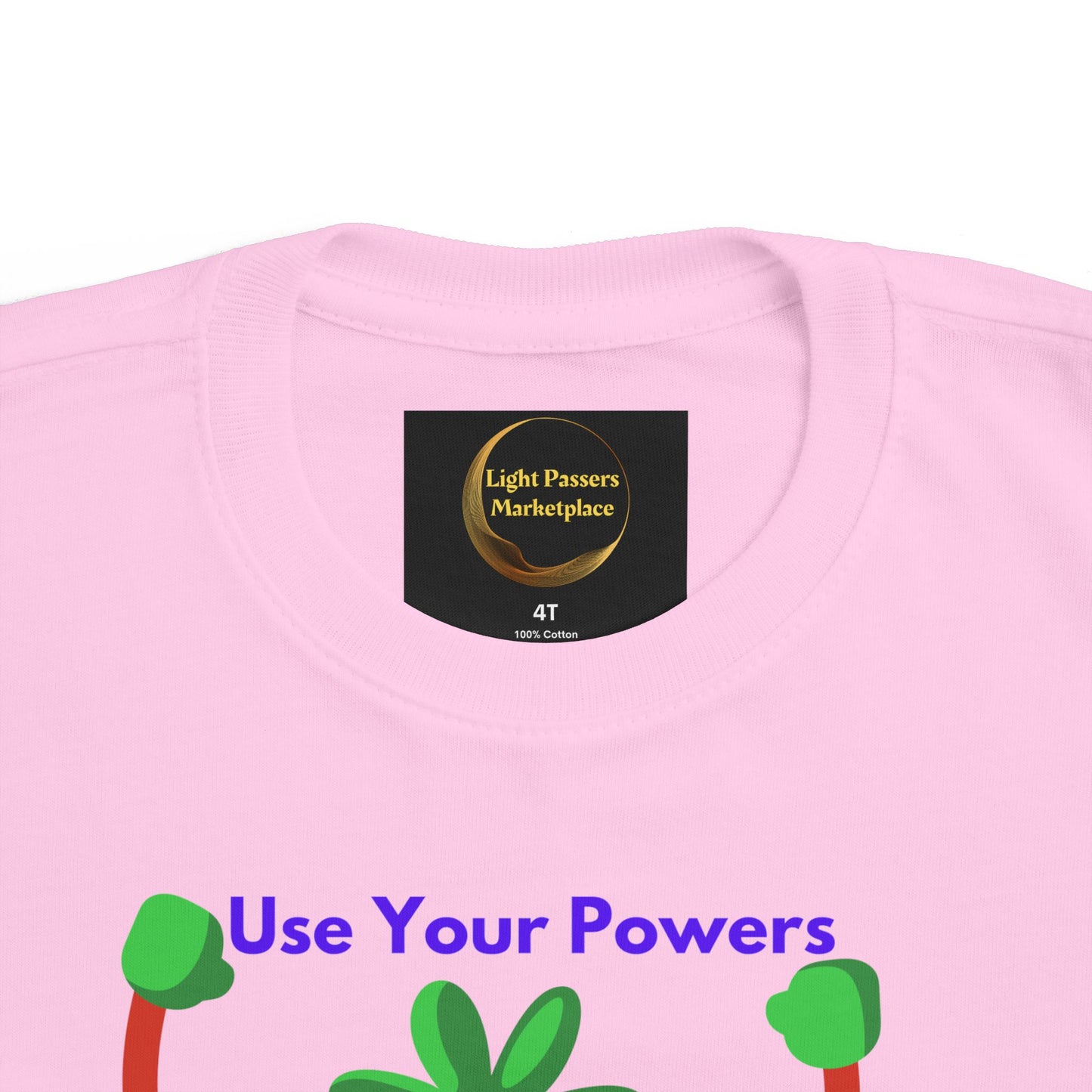 Health Tomato Power Toddler T-shirt featuring Use Your Powers slogan and cartoon shapes, designed for comfort and durability, ideal for sensitive skin.