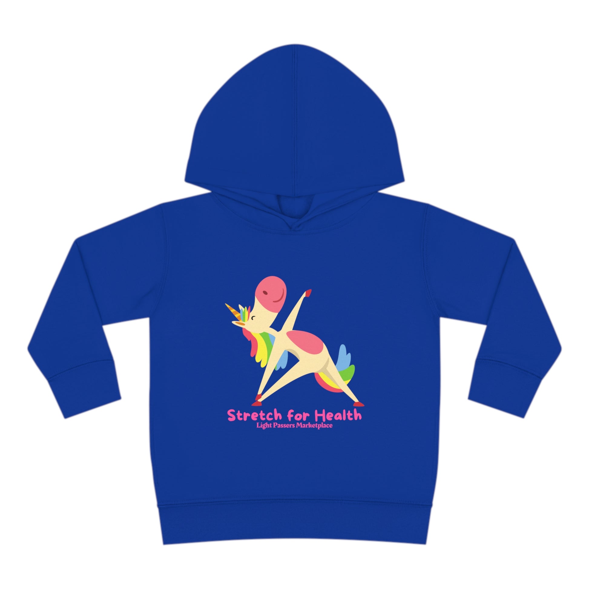 A Rabbit Skins toddler hoodie featuring a unicorn stretching cartoon design. Jersey-lined hood, cover-stitched details, side pockets, and durable fabric blend for cozy comfort.
