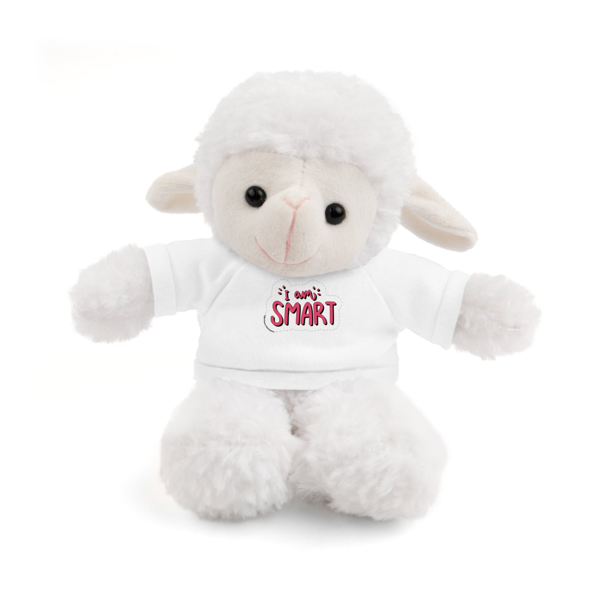 Stuffed animal wearing a white T-shirt with I am Smart message, part of Cool Stuff Stuffies collection featuring 6 educational plush toys.