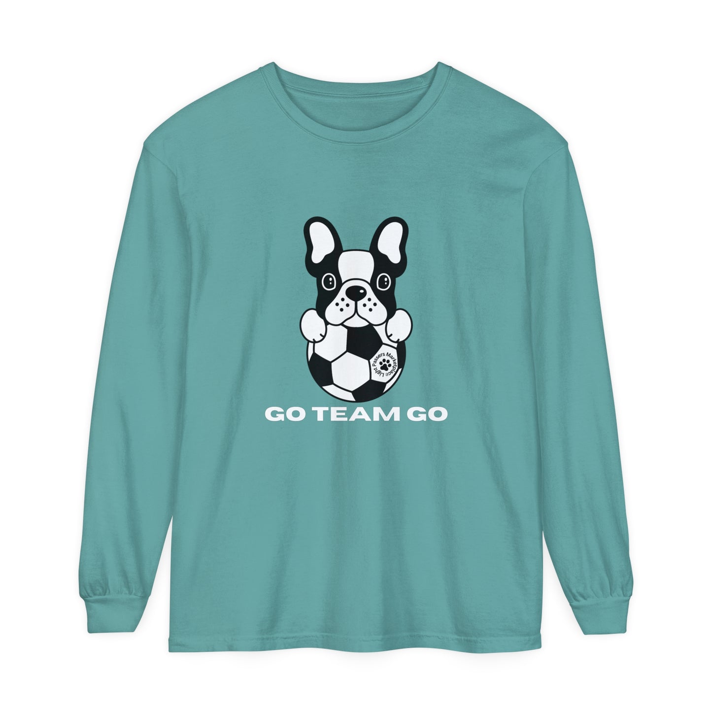 Teams Soccer Dog Adult Unisex Garment-dyed Long Sleeve featuring a black and white dog with a football. Made from 100% ring-spun cotton for a relaxed fit.