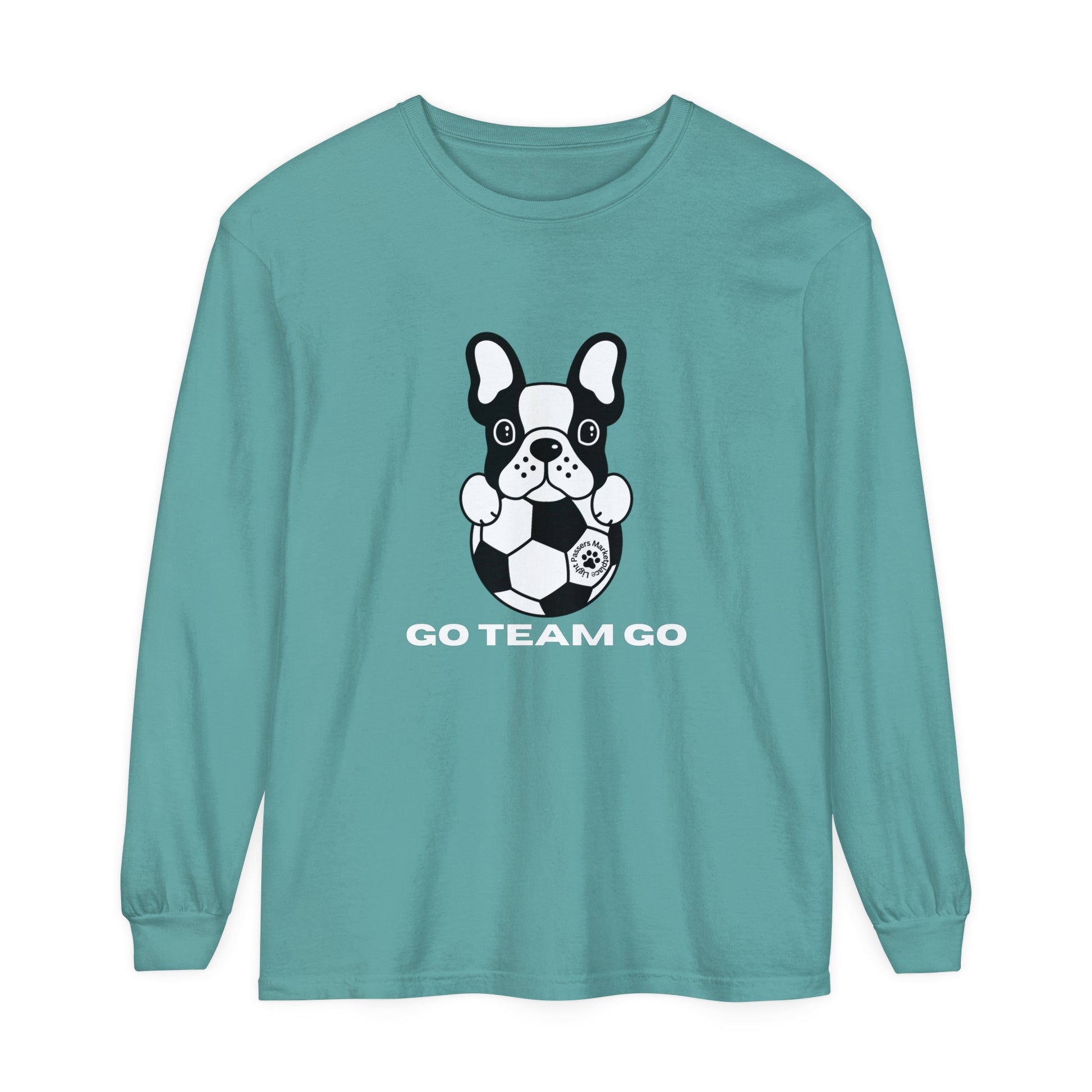 Teams Soccer Dog Adult Unisex Garment-dyed Long Sleeve featuring a black and white dog with a football. Made from 100% ring-spun cotton for a relaxed fit.