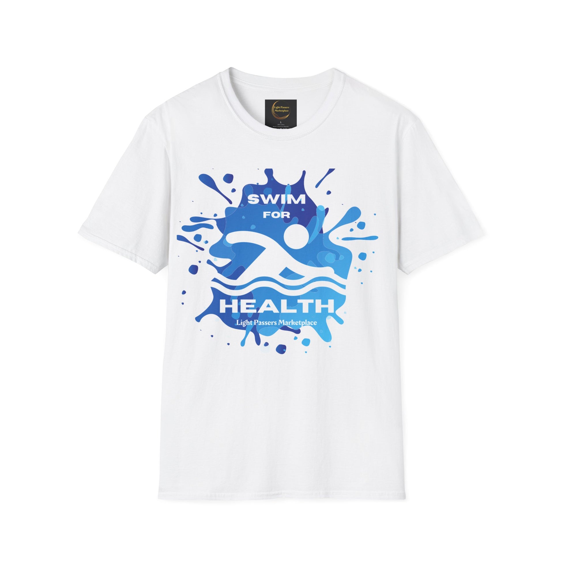 A white unisex t-shirt featuring a Swim for Health logo, made of soft 100% ring-spun cotton. Classic fit with ribbed crew neckline, tear-away label, and ethically sourced US cotton.