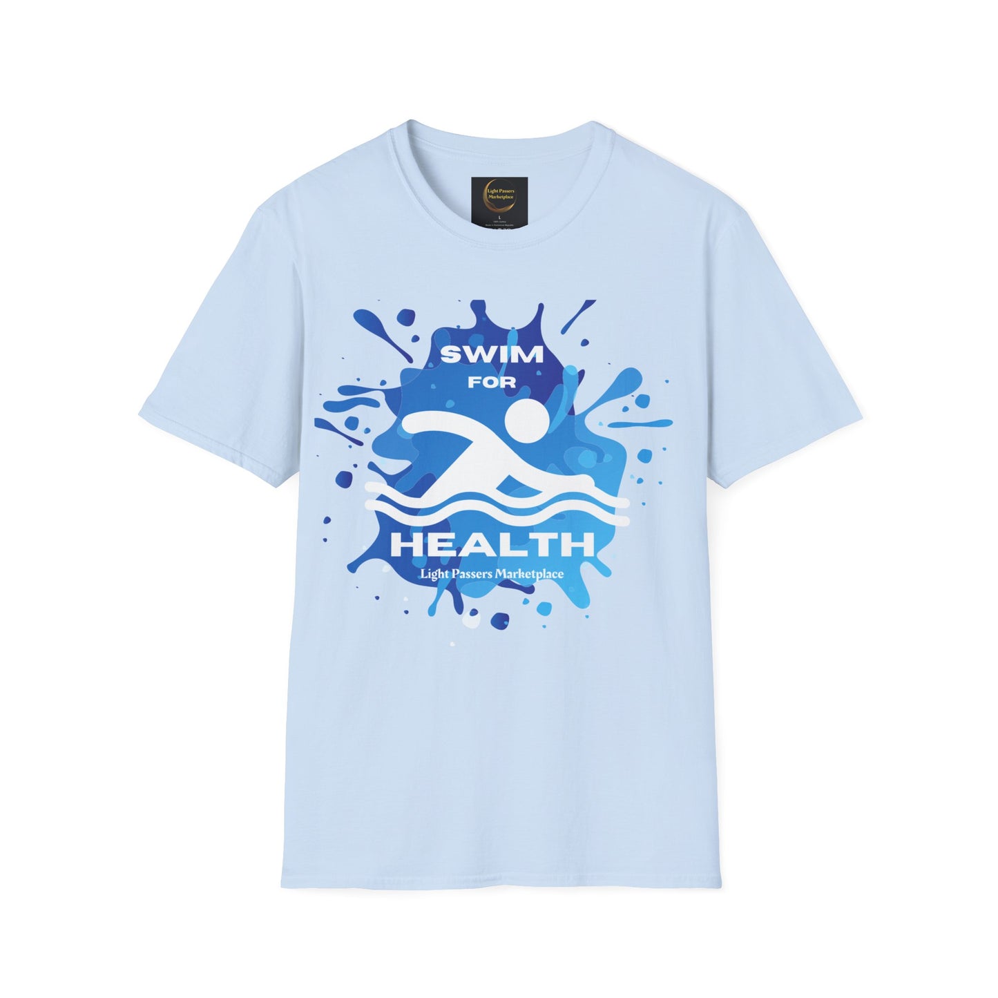 A unisex soft-style t-shirt featuring a swimmer logo, made of 100% ring-spun cotton for comfort and durability. Ethically sourced and Oeko-Tex certified for quality.