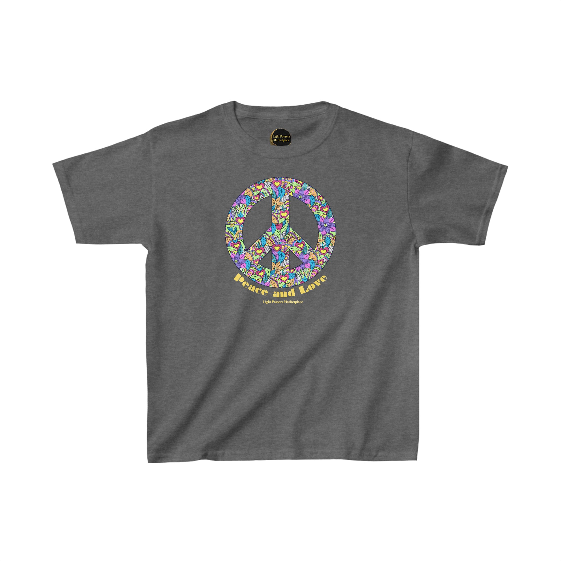 Youth heavy cotton t-shirt featuring a peace sign adorned with colorful flowers and hearts. Made of 100% cotton, durable twill tape shoulders, and ribbed collar for everyday comfort and style.