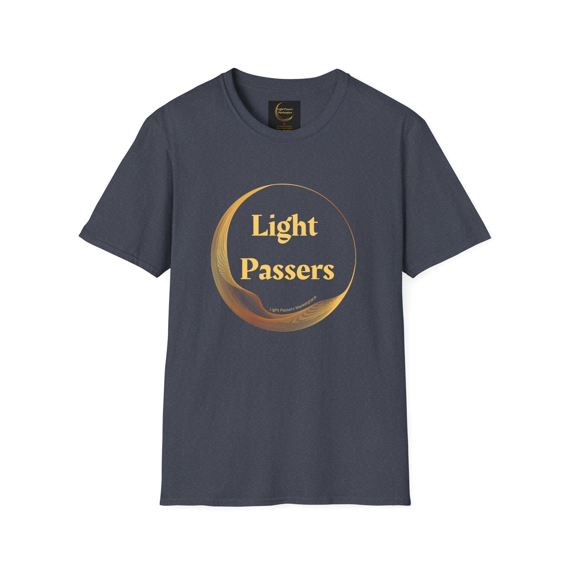 A close-up of a Light Passers Gold Logo Unisex T-shirt with a logo on it, showcasing smooth fabric for vivid printing, no side seams, and tape on shoulders for durability.