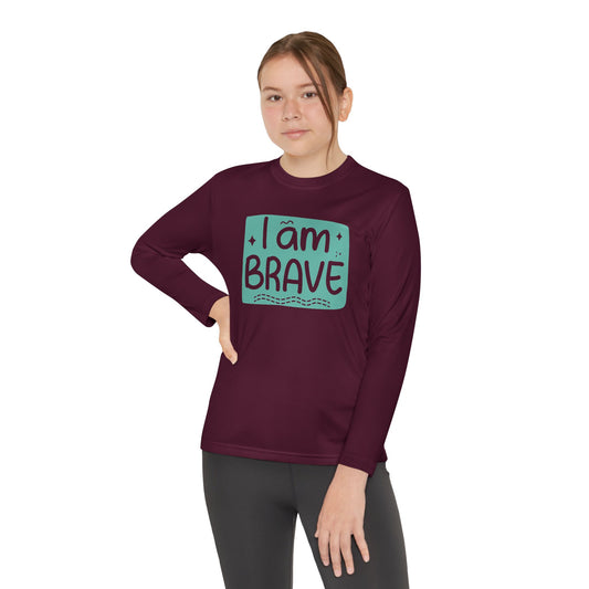 Youth long-sleeve tee, dark maroon with 'I am BRAVE' slogan print
