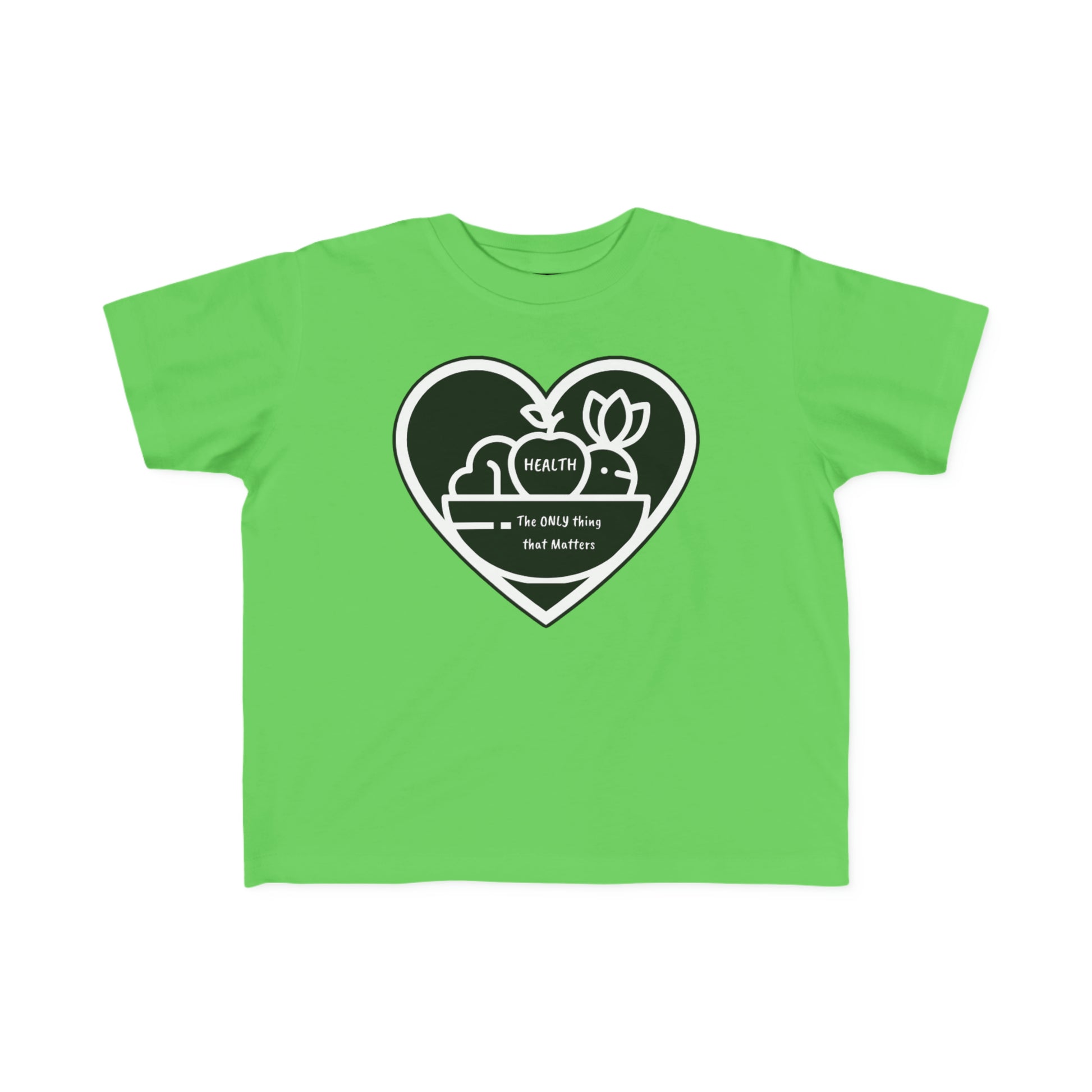 A green toddler t-shirt featuring a heart, flower, and fruit logo. Made of soft, durable 100% combed cotton, perfect for sensitive skin. Classic fit, tear-away label, ideal for little adventurers.