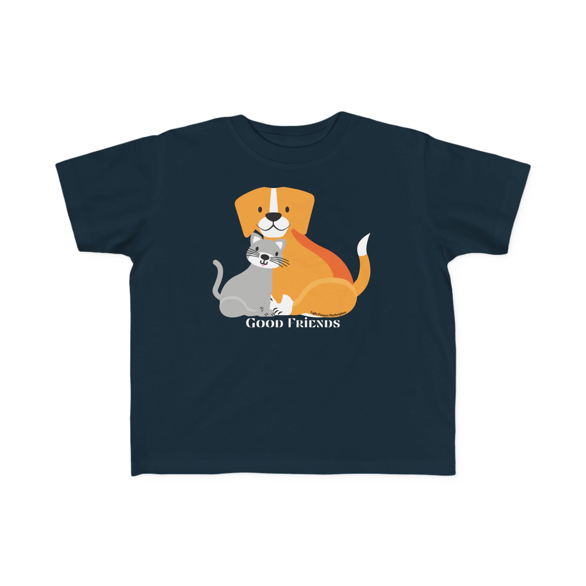 Toddler T-shirt featuring cartoon cat and dog friends on a blue shirt. Soft, durable 100% combed cotton, light fabric, tear-away label, classic fit. Ideal for sensitive skin.