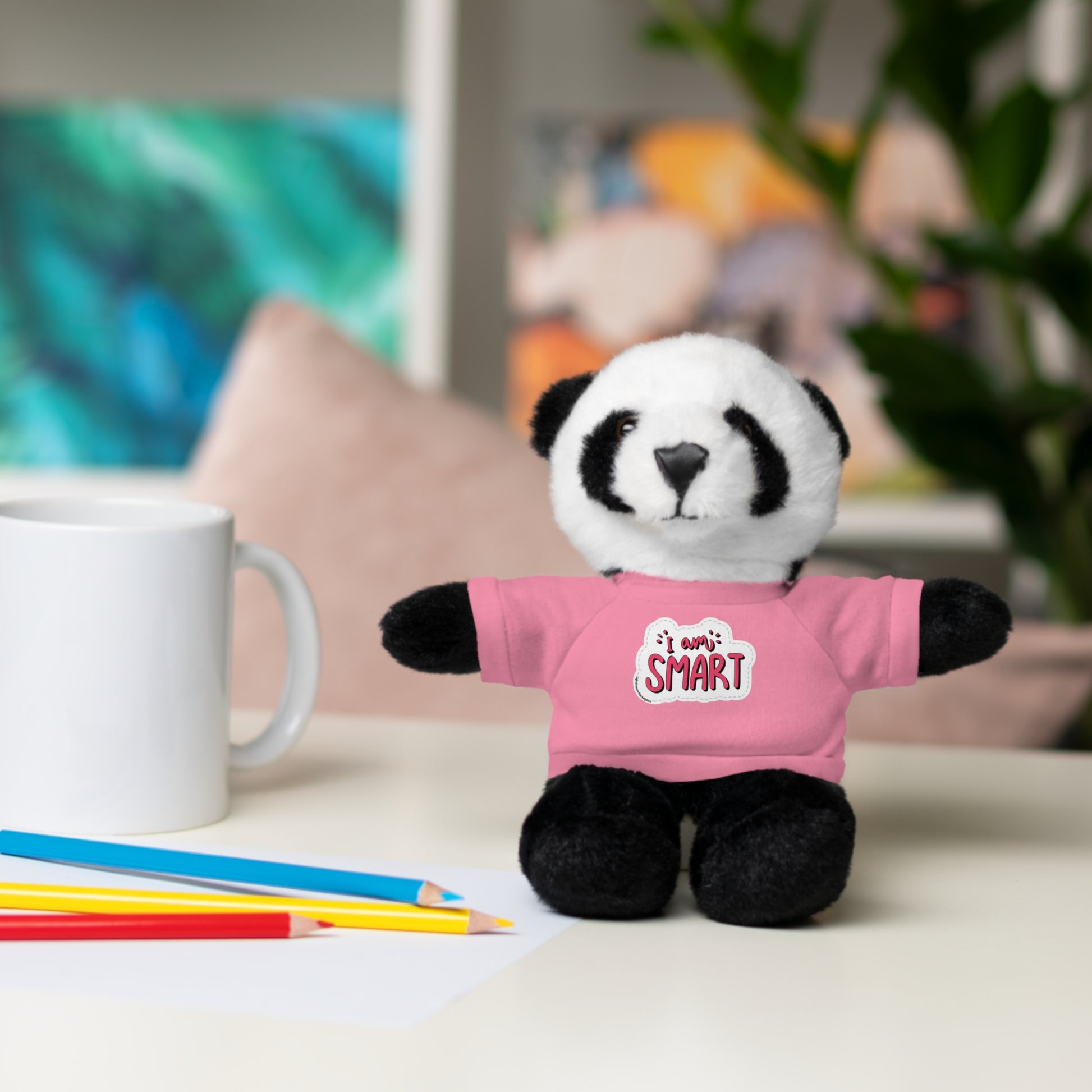 Cool Stuff Stuffies: Six plush animals, each wearing a removable 'I am Smart' T-shirt. Includes Bear, Sheep, Bunny, Jaguar, Panda, and Lion.
