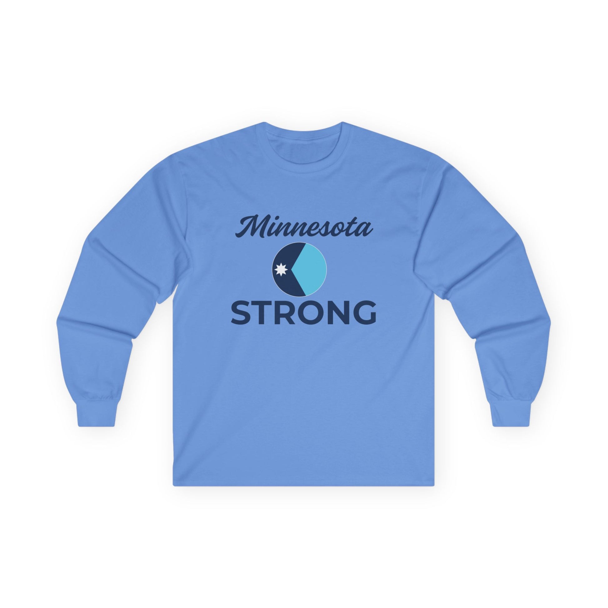 Light-blue Love and Peace The Light Adult Unisex Minnesota Strong Long Sleeve Tee with Minnesota script above a circular graphic and bold STRONG text on chest.