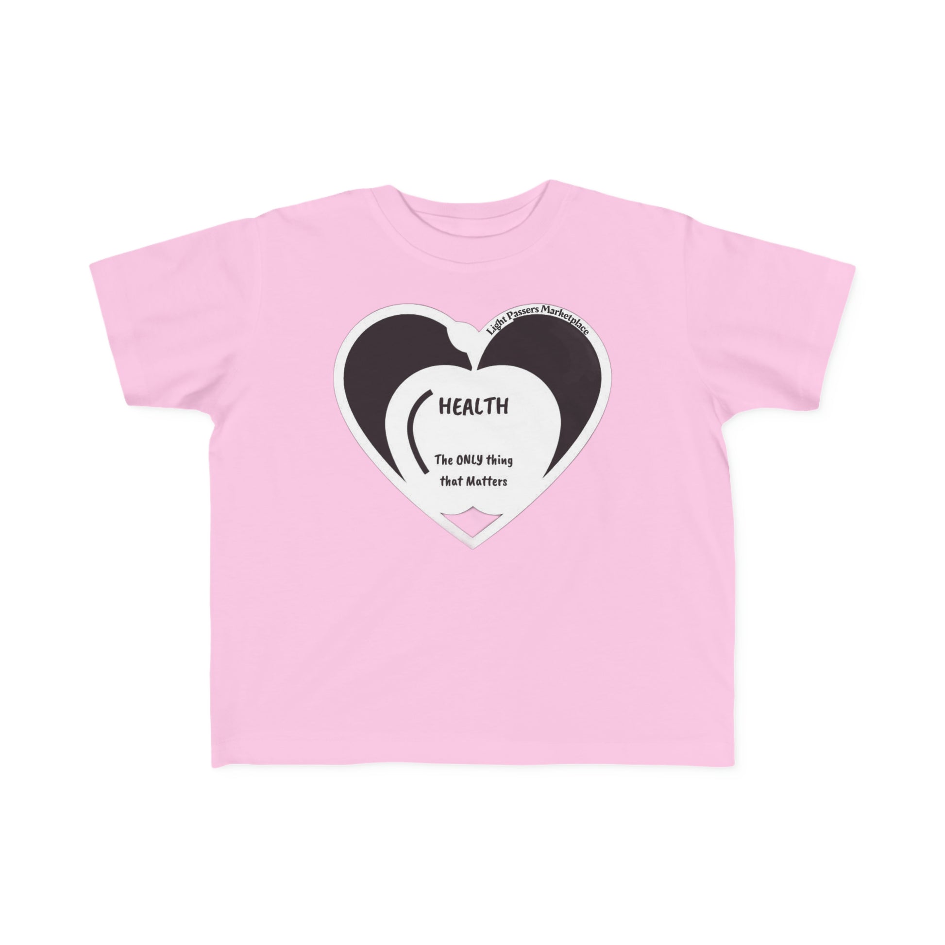 A pink toddler t-shirt with a heart and text design, made of soft 100% combed cotton for sensitive skin. Durable print, light fabric, tear-away label, classic fit, true to size.