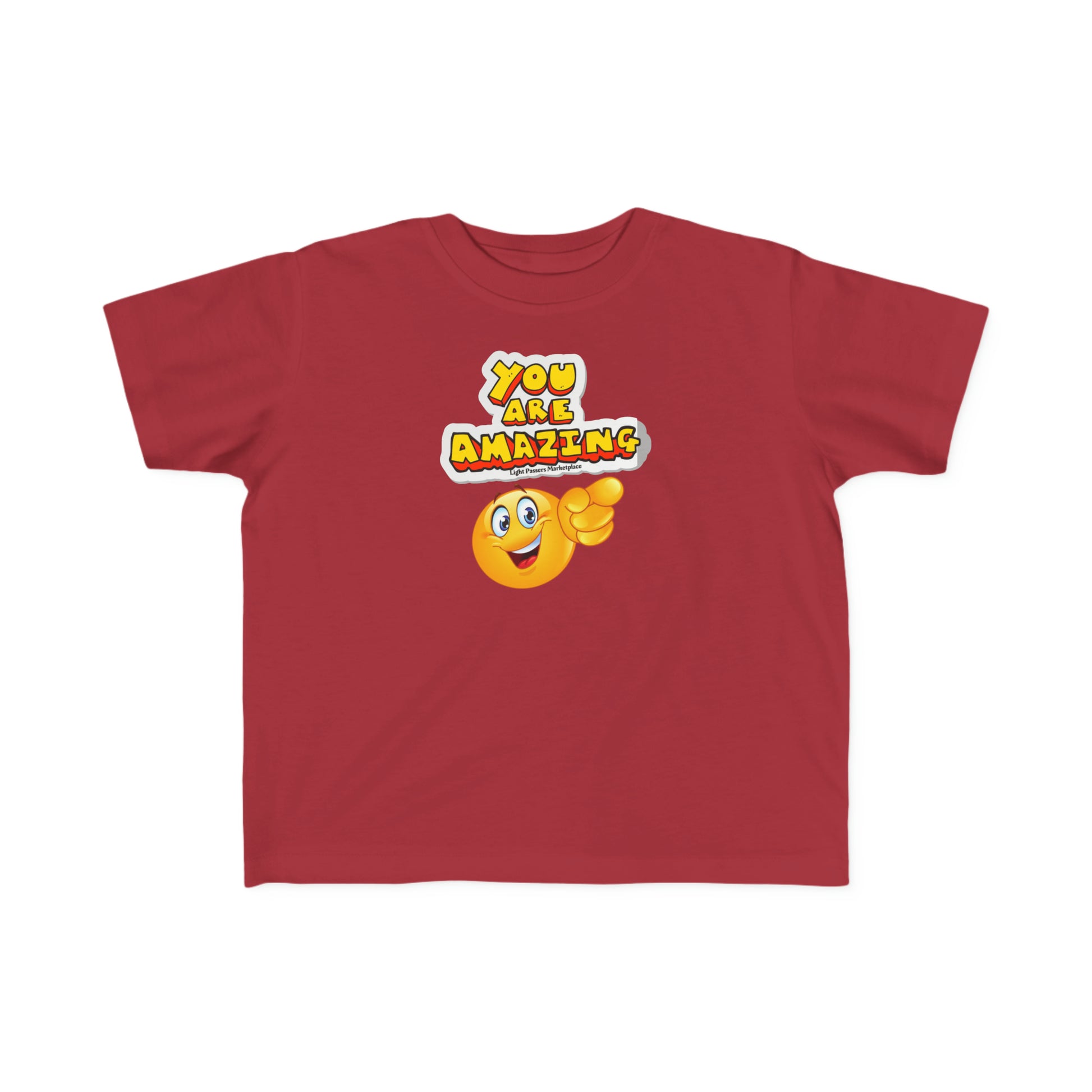 A red toddler tee with a cartoon face pointing, featuring a durable print on soft 100% combed cotton. Perfect for sensitive skin, with tear-away label and a classic fit.