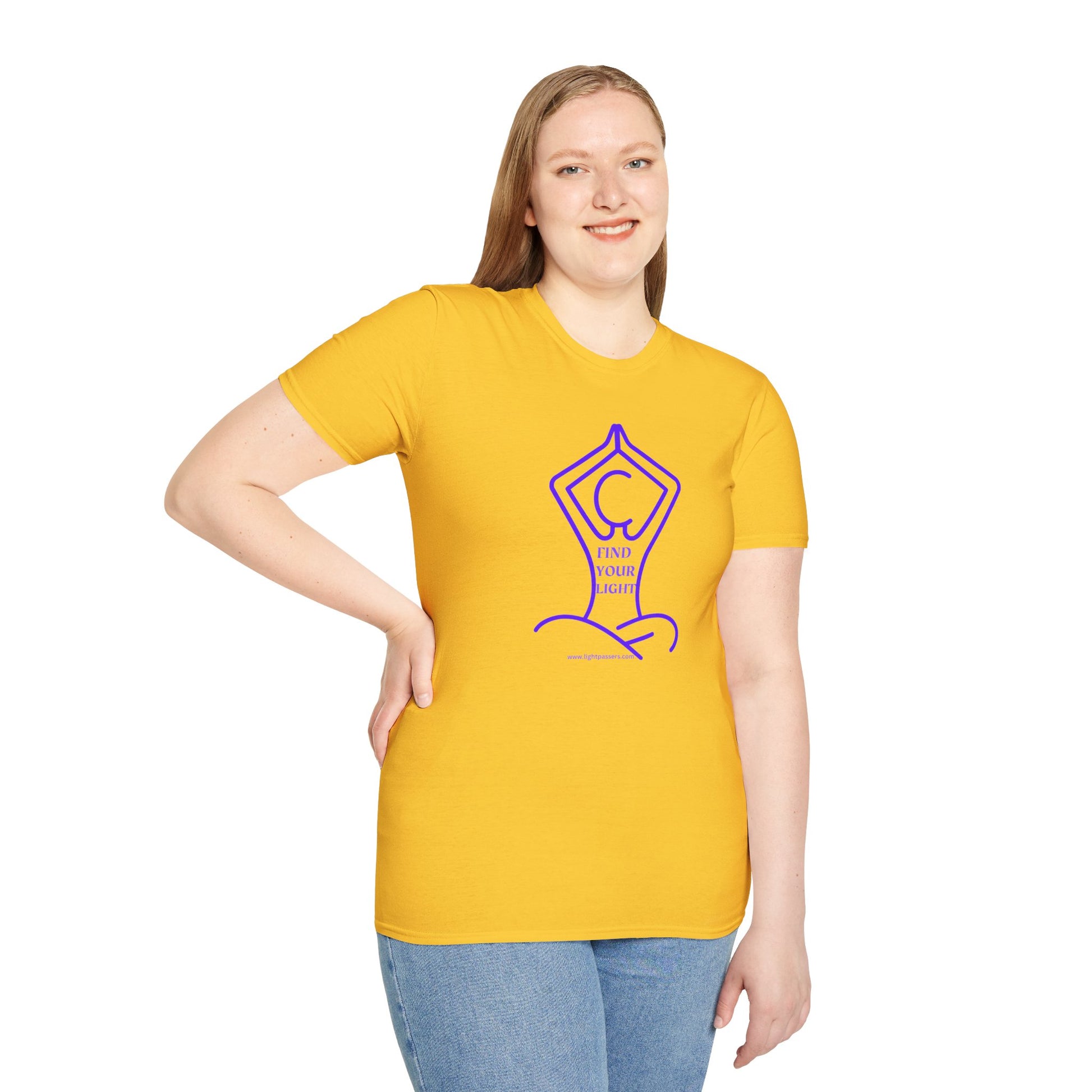 A woman in a yellow shirt smiles, showcasing the Yoga Find Your Light Unisex T-shirt. Unisex heavy cotton tee with smooth surface for vibrant prints, no side seams, and tape on shoulders for durability.