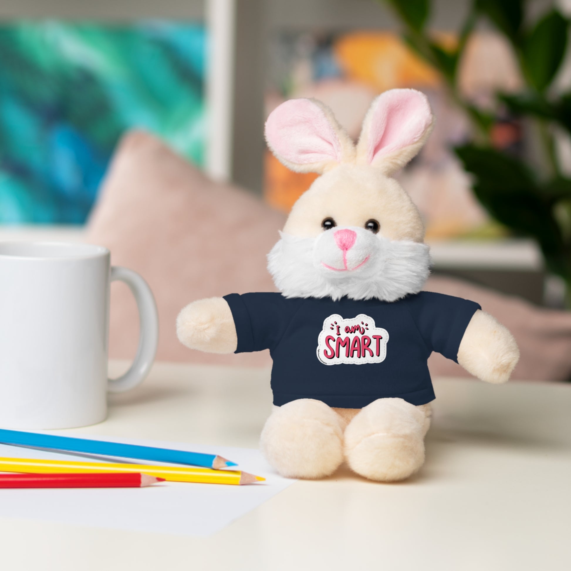 Cool Stuff Stuffies: 6 plush animals, each with a removable T-shirt saying I am Smart. Includes Bear, Sheep, Bunny, Jaguar, Panda, and Lion.
