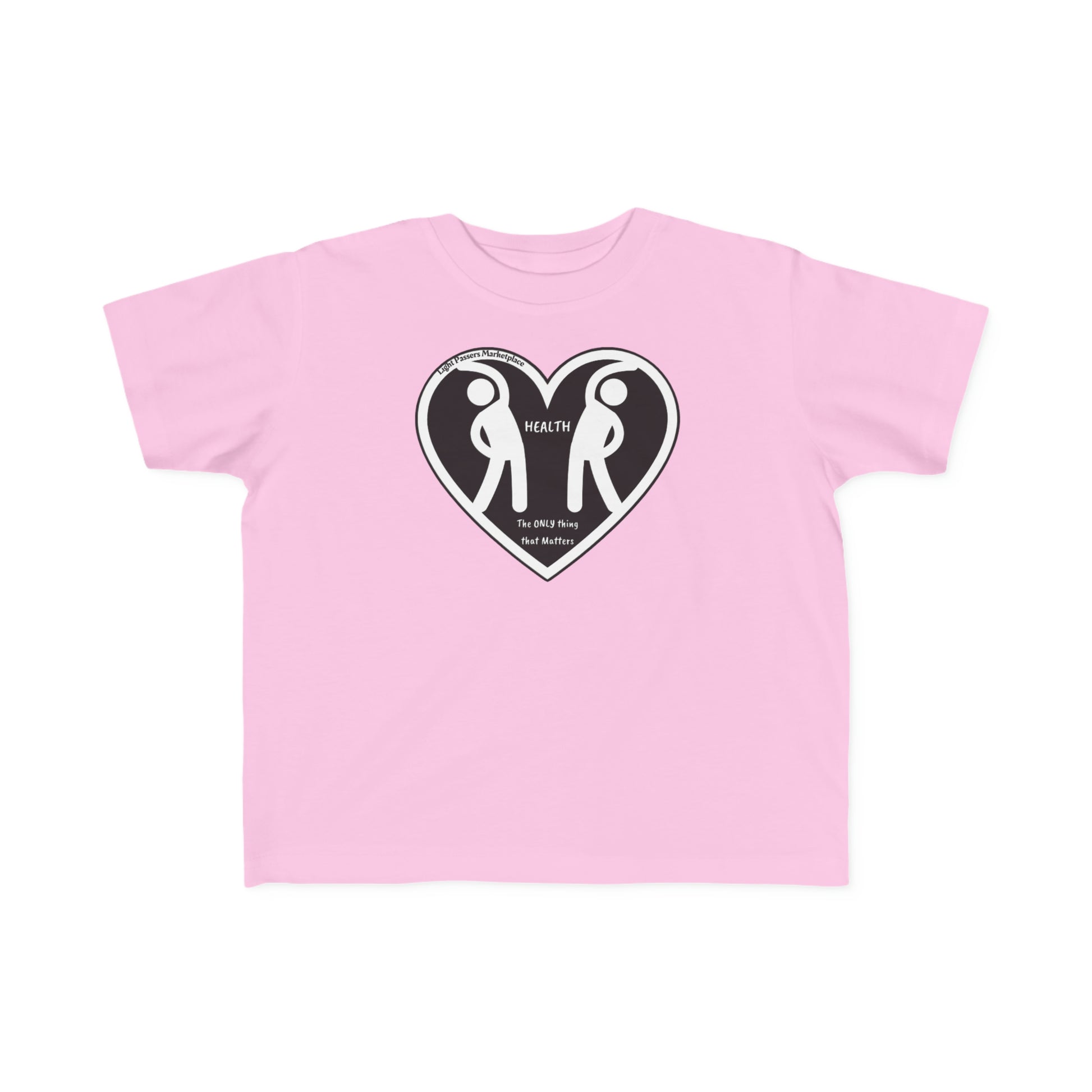 A pink toddler T-shirt featuring a heart design with two figures, made of soft, durable 100% combed cotton. Perfect for sensitive skin, with a tear-away label and a classic fit.