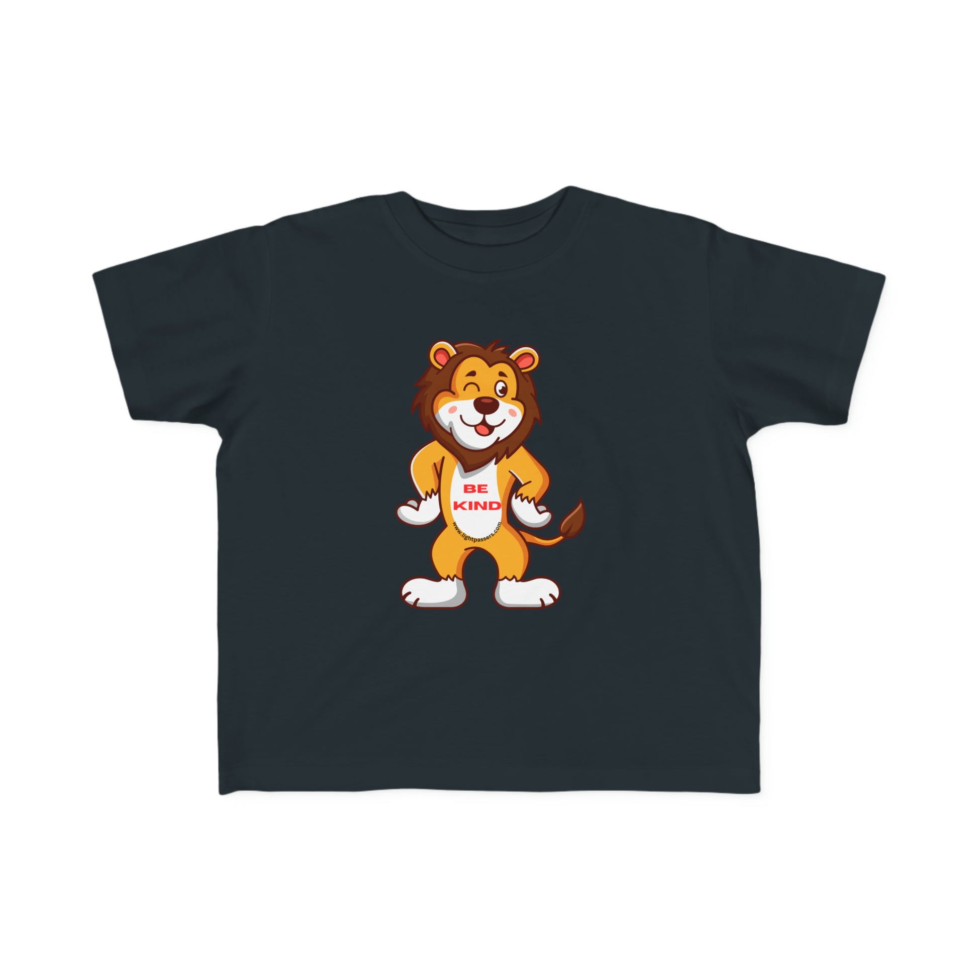 A toddler's tee featuring a cartoon lion design, soft 100% combed cotton, durable print, and tear-away label. Perfect for sensitive skin.