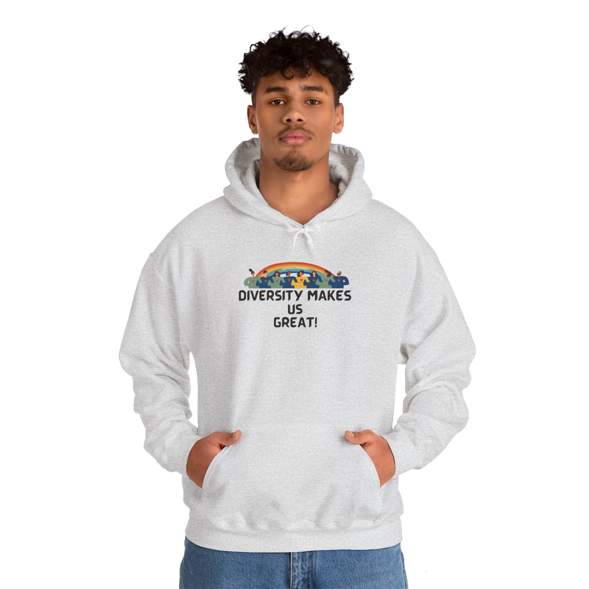 A man in a heavy blend hooded sweatshirt with hands in pockets. Features include a kangaroo pocket, color-matched drawstring, and 50% cotton, 50% polyester fabric for warmth and comfort.