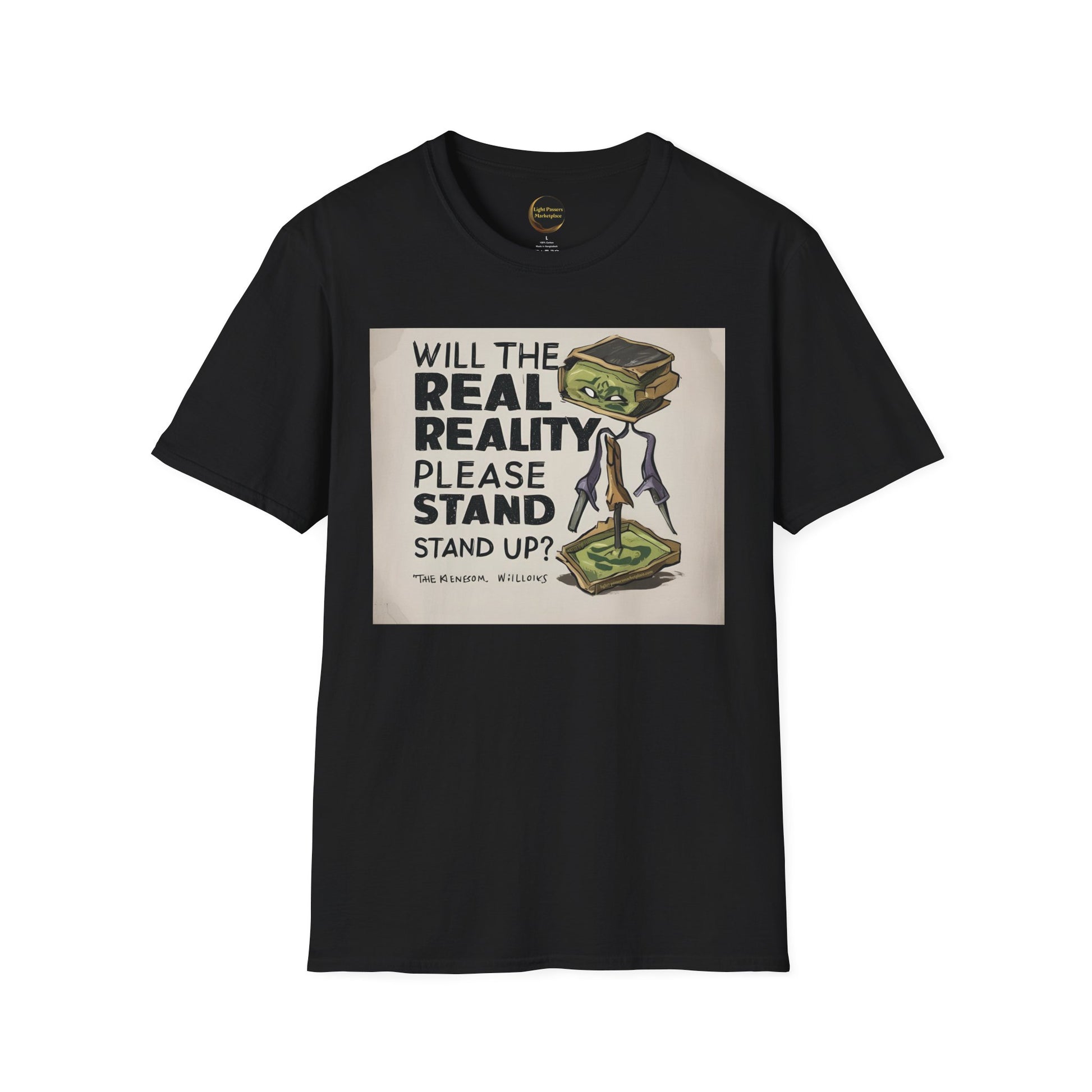 Unisex T-Shirt featuring an avocado-toast character with the text Will the Real Reality Please Stand Up? from Light Passers Marketplace's Love and Peace Collection.