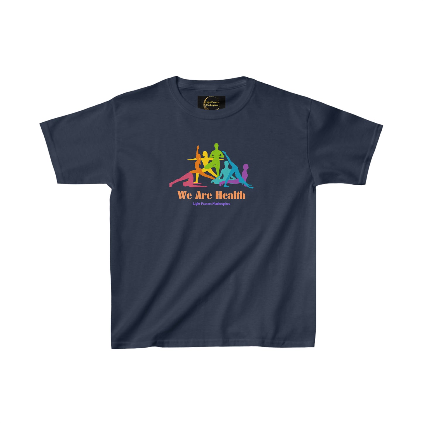 Youth T-shirt featuring colorful yoga silhouettes, made of 100% cotton for comfort and durability. Ribbed collar, tear-away labels, and ethical US cotton construction for a timeless, sustainable style.