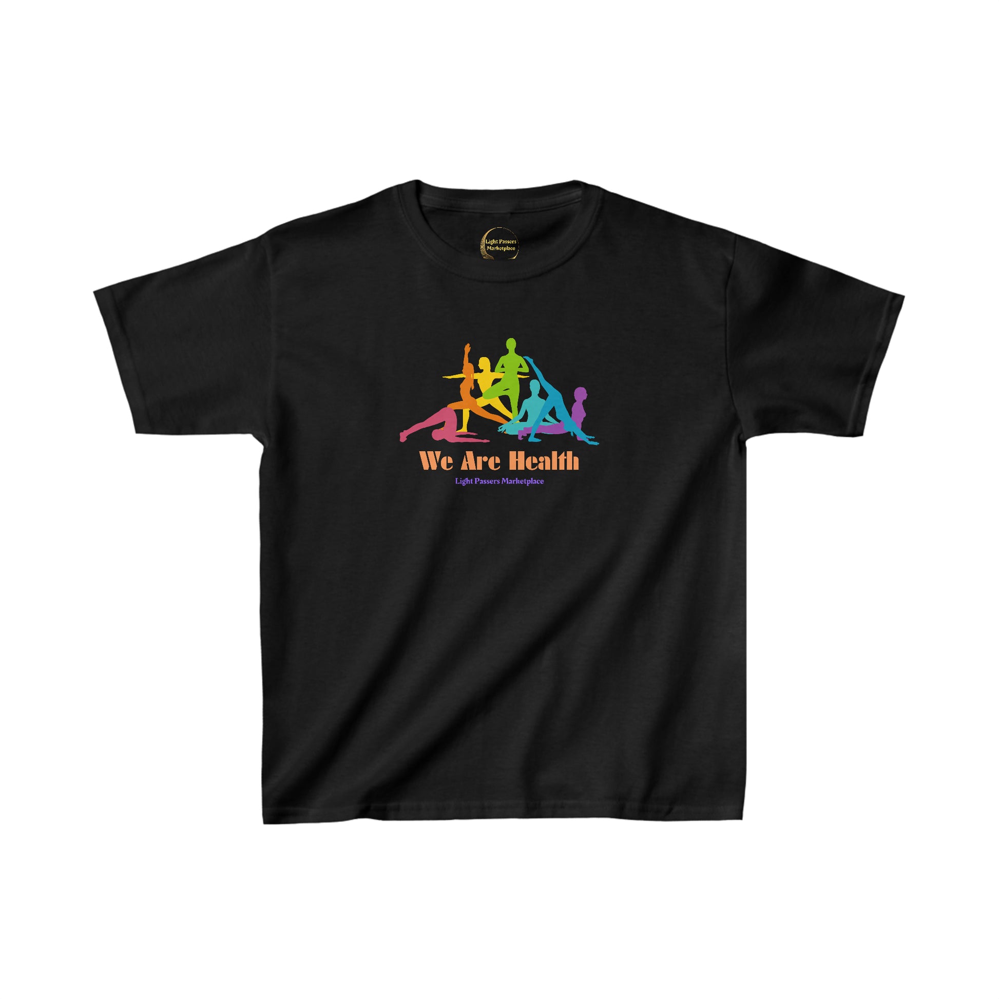 Youth black t-shirt with colorful yoga class design. 100% cotton for comfort, twill tape shoulders for durability, ribbed collar for shape retention. Ethically made with tear-away labels.