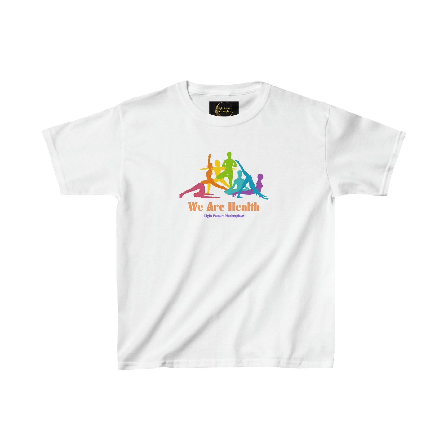 Youth t-shirt featuring a group of people in yoga poses. Made of 100% cotton for solid colors, with twill tape shoulders for durability. Classic fit with tear-away labels for comfort. Ethically sourced US cotton.