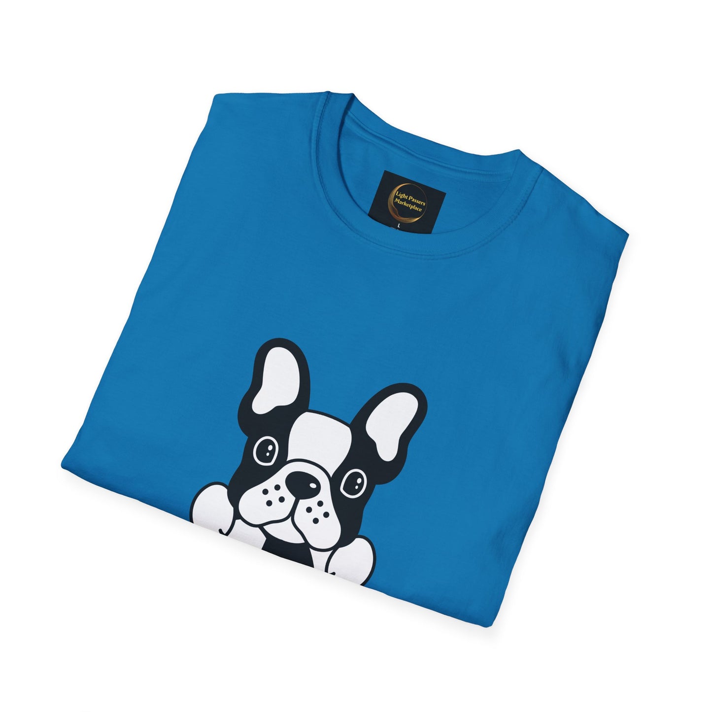 Soccer Dog Unisex T-Shirt featuring a cartoon dog face peeking from the bottom, crafted from soft cotton for comfort, seen with Light Passers Marketplace neck label.
