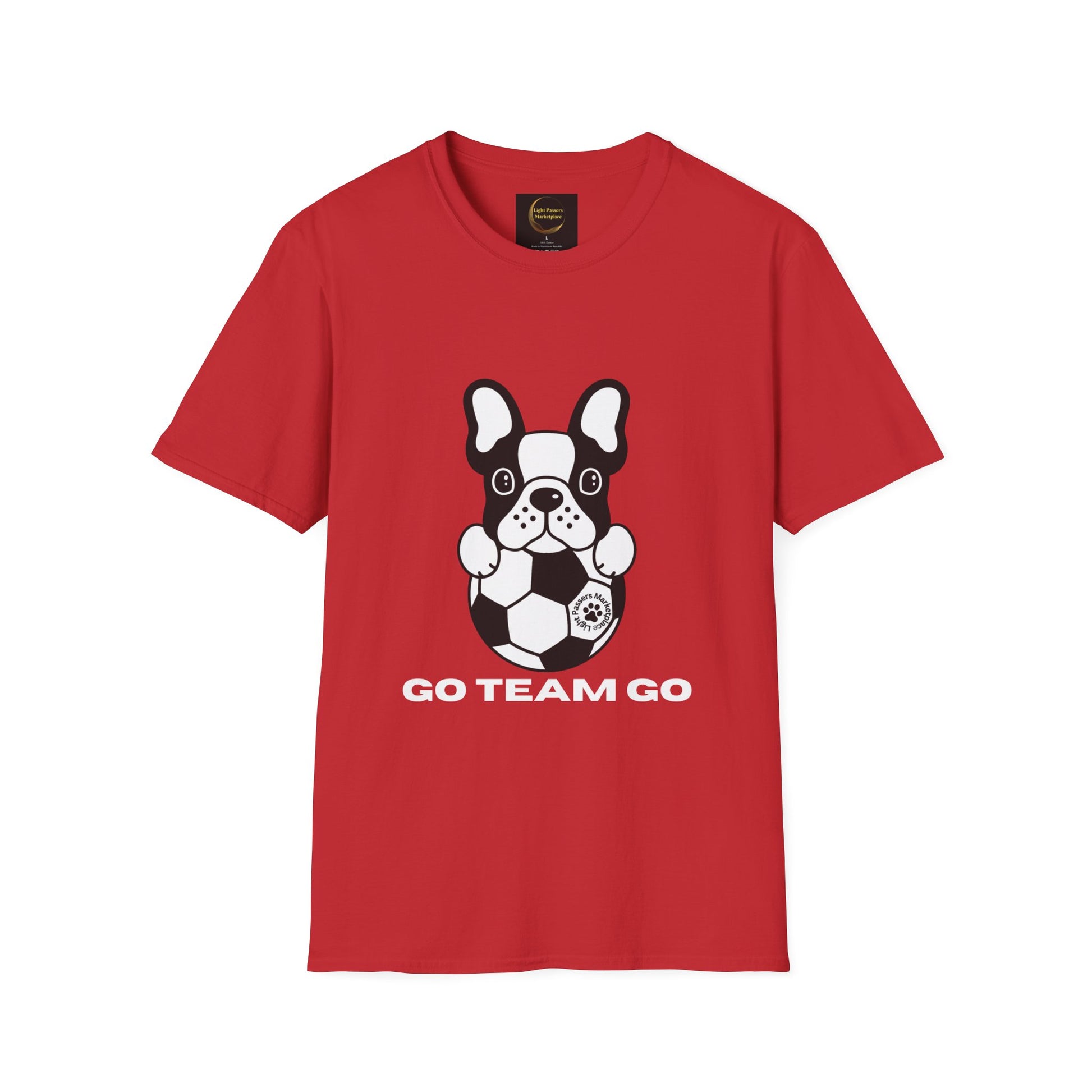 A red unisex t-shirt featuring a playful dog with a soccer ball. Made of soft 100% cotton, with twill tape shoulders for durability and a ribbed collar. Lightweight and versatile for year-round wear.