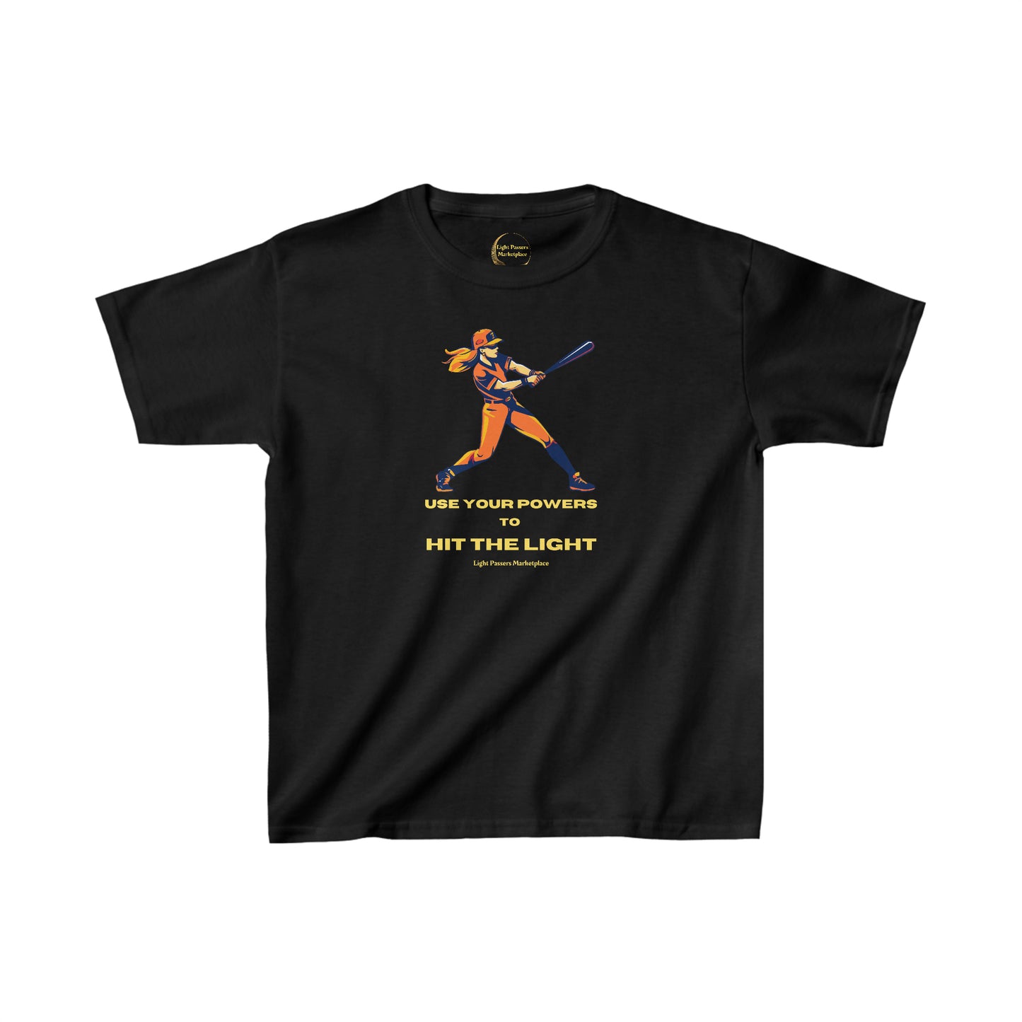 A black youth t-shirt featuring a baseball bat, a woman swinging a bat, and a baseball player. Made of 100% cotton with twill tape shoulders for durability and ribbed collar for curl resistance.