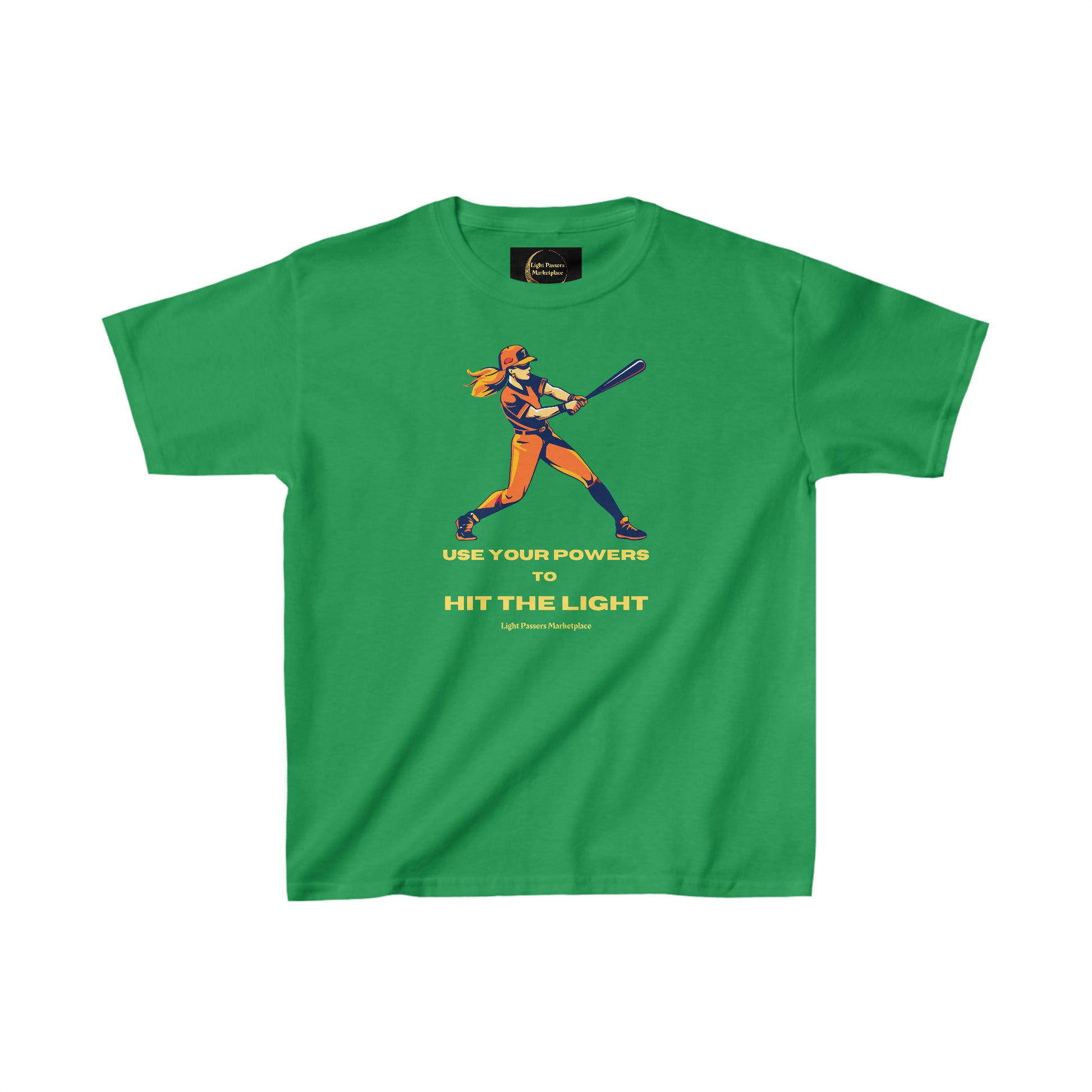 A green youth t-shirt featuring a girl swinging a baseball bat, ideal for everyday wear. Made of 100% cotton with twill tape shoulders for durability and ribbed collar for curl resistance. Ethically sourced and Oeko-Tex certified.