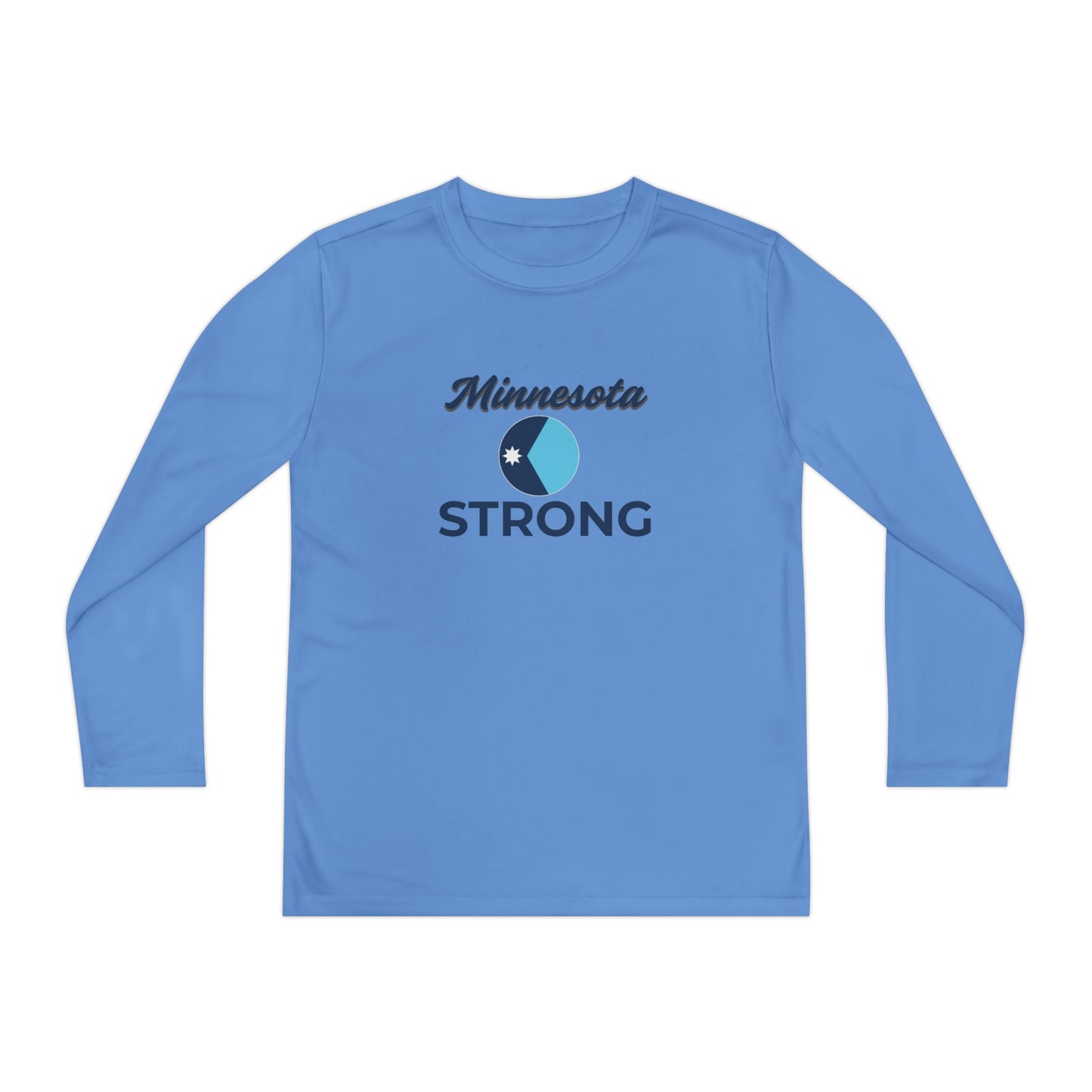Youth Minnesota Strong long-sleeve tee showcasing Minnesota and STRONG text with emblem, designed for active wear and empowerment from Light Passers Marketplace.