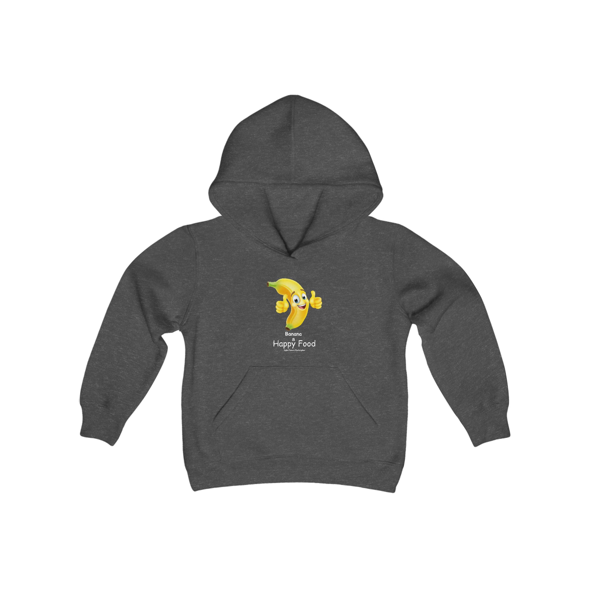 Youth blend hooded sweatshirt featuring a grey hoodie with a banana and cartoon character. 50% cotton, 50% polyester, kangaroo pocket, twill taping, soft fleece, ideal for printing.