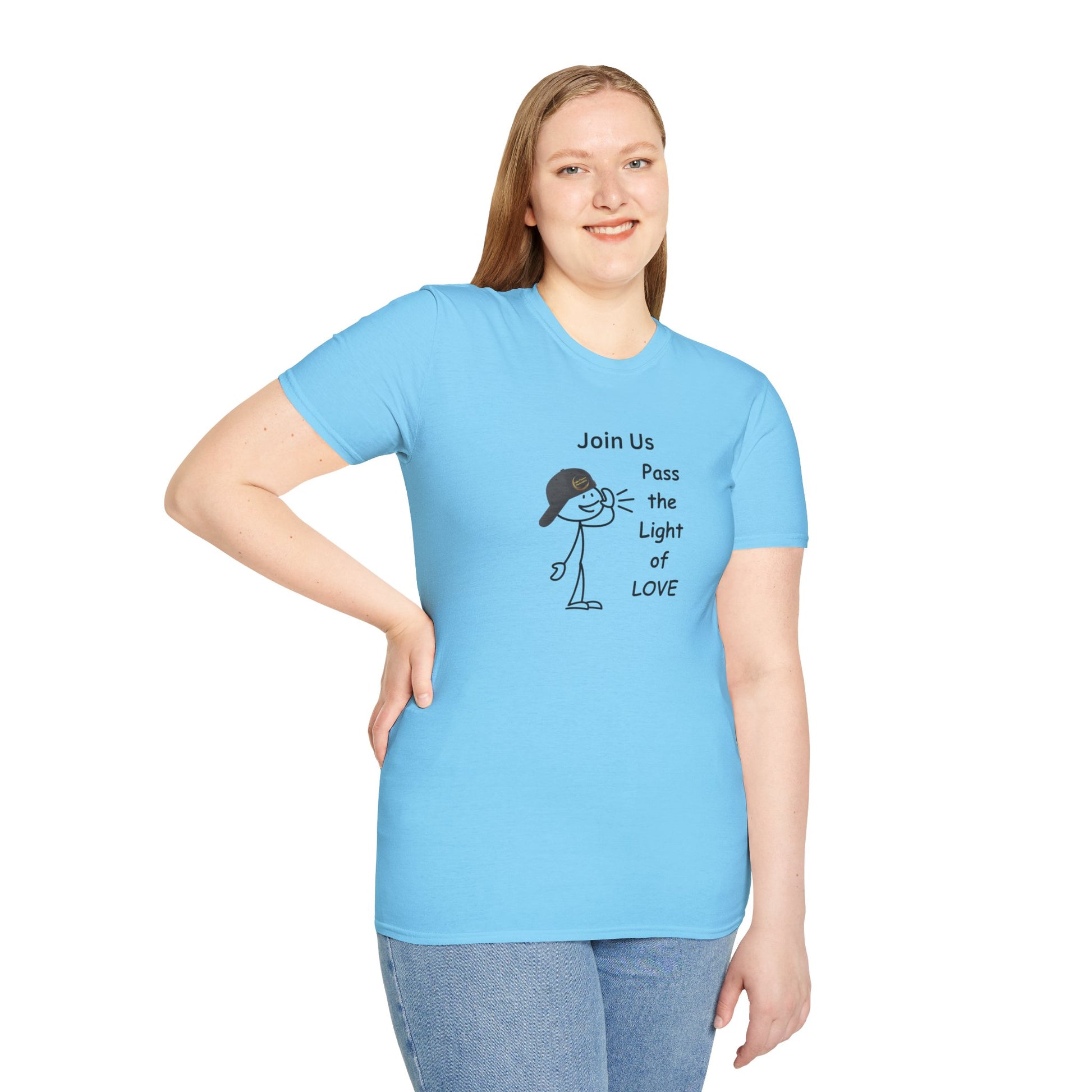 A woman in a blue shirt smiles, showcasing the Join Us Pass the Light of Love Unisex T-shirt. Classic fit, 100% cotton tee with smooth surface for vivid printing. No side seams for comfort.