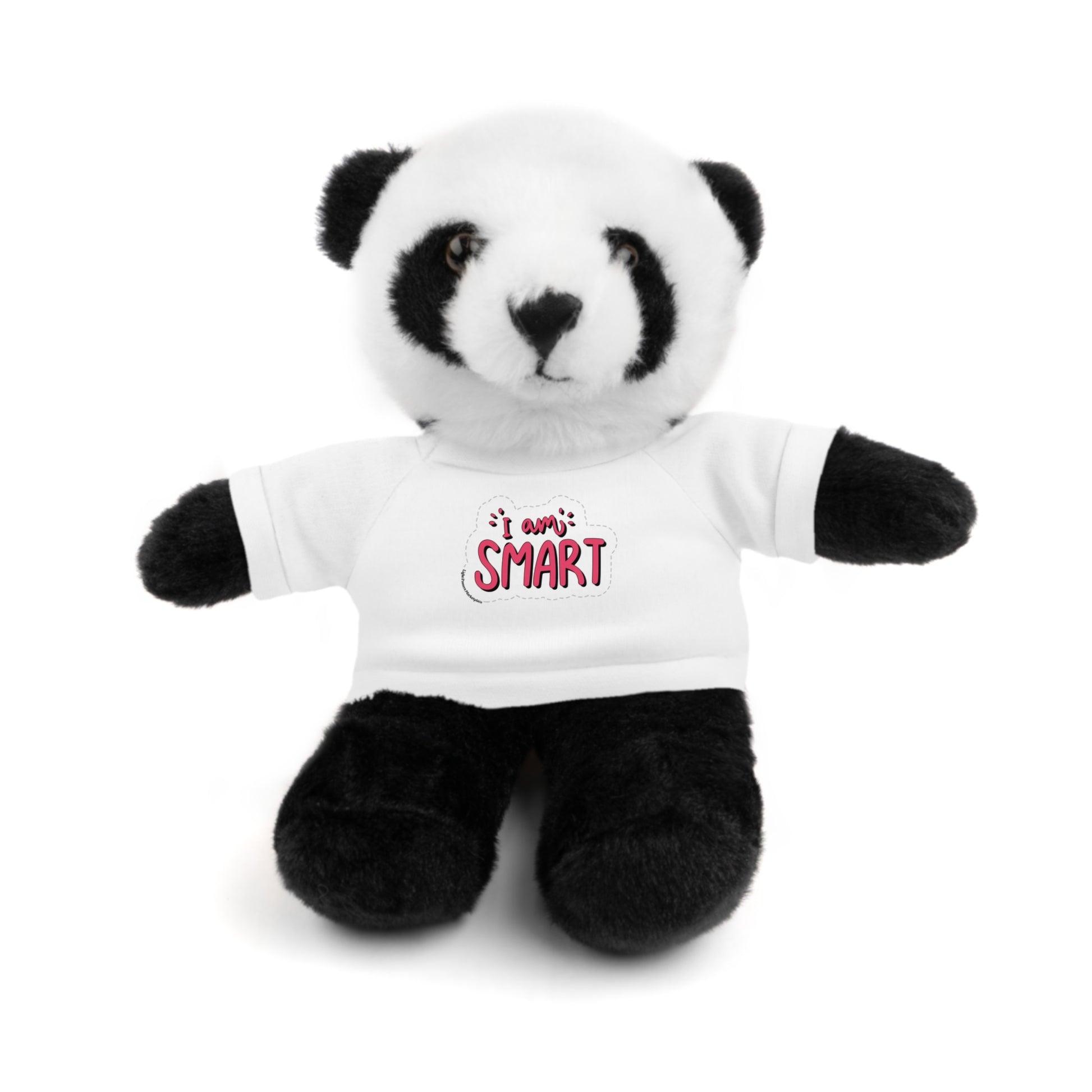 Cool Stuff Stuffies panda with 'I am Smart' T-shirt, part of a plush toy collection, featuring a removable shirt for educational play.