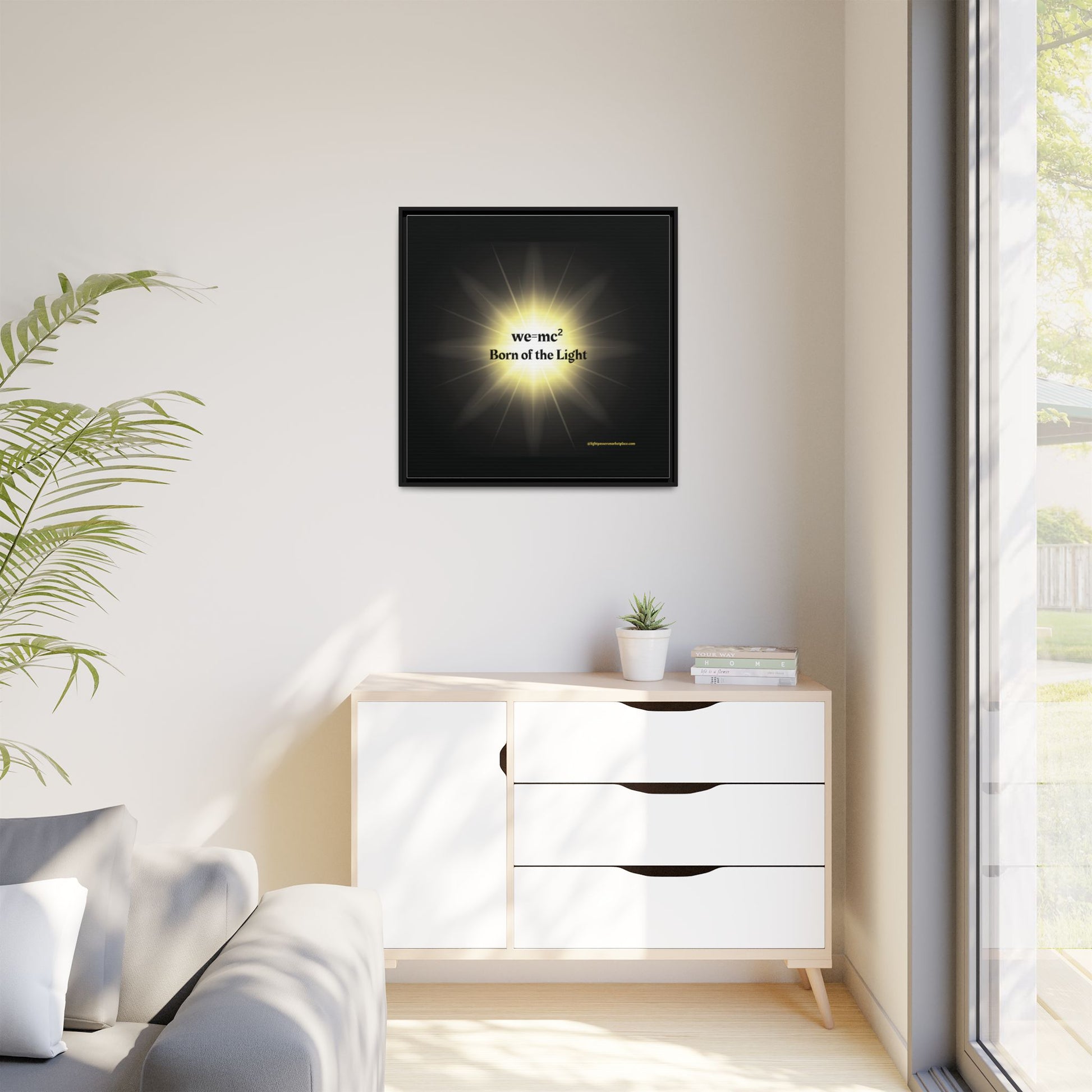 Inspirational Framed Canvas Art - we=mc² Born of the Light, featuring a dynamic light burst design, ideal for enhancing creativity in home or office spaces.