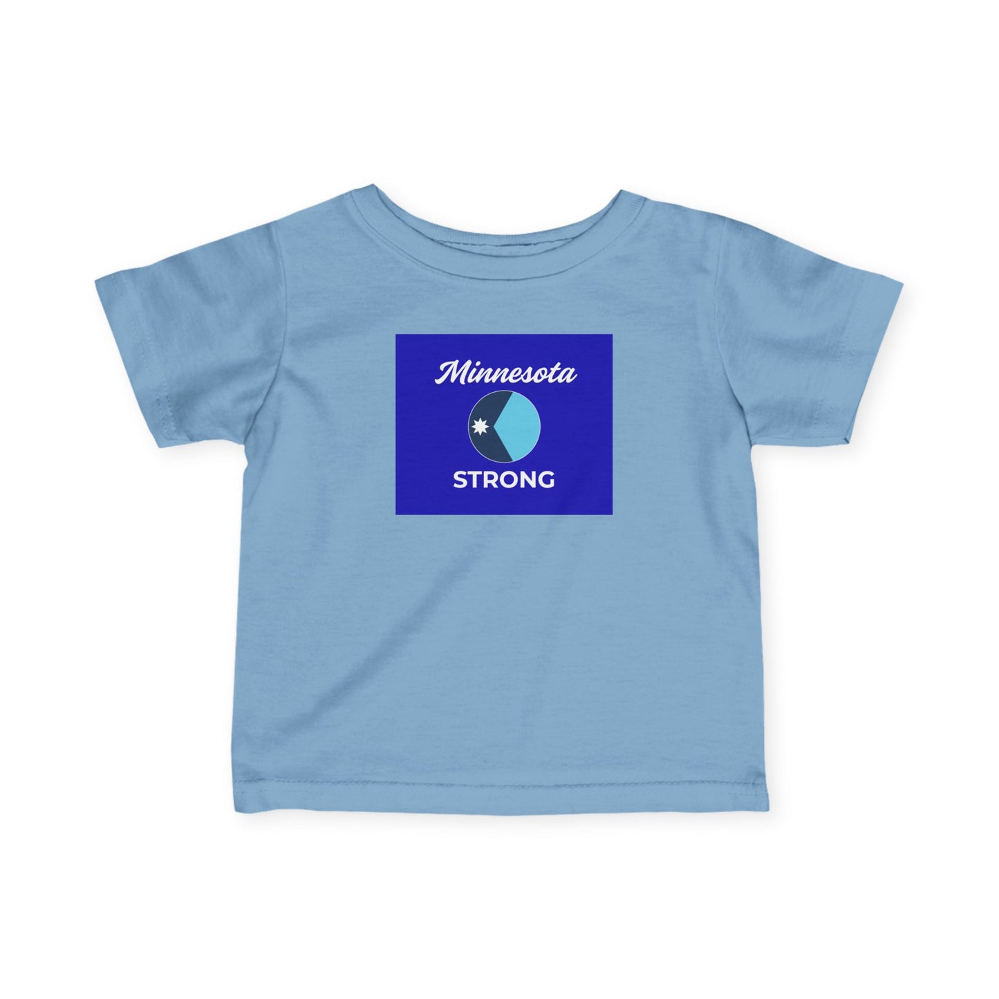 Light-blue toddler T-shirt featuring a navy graphic with Minnesota STRONG and a stylized badge, symbolizing resilience and comfort for everyday wear.