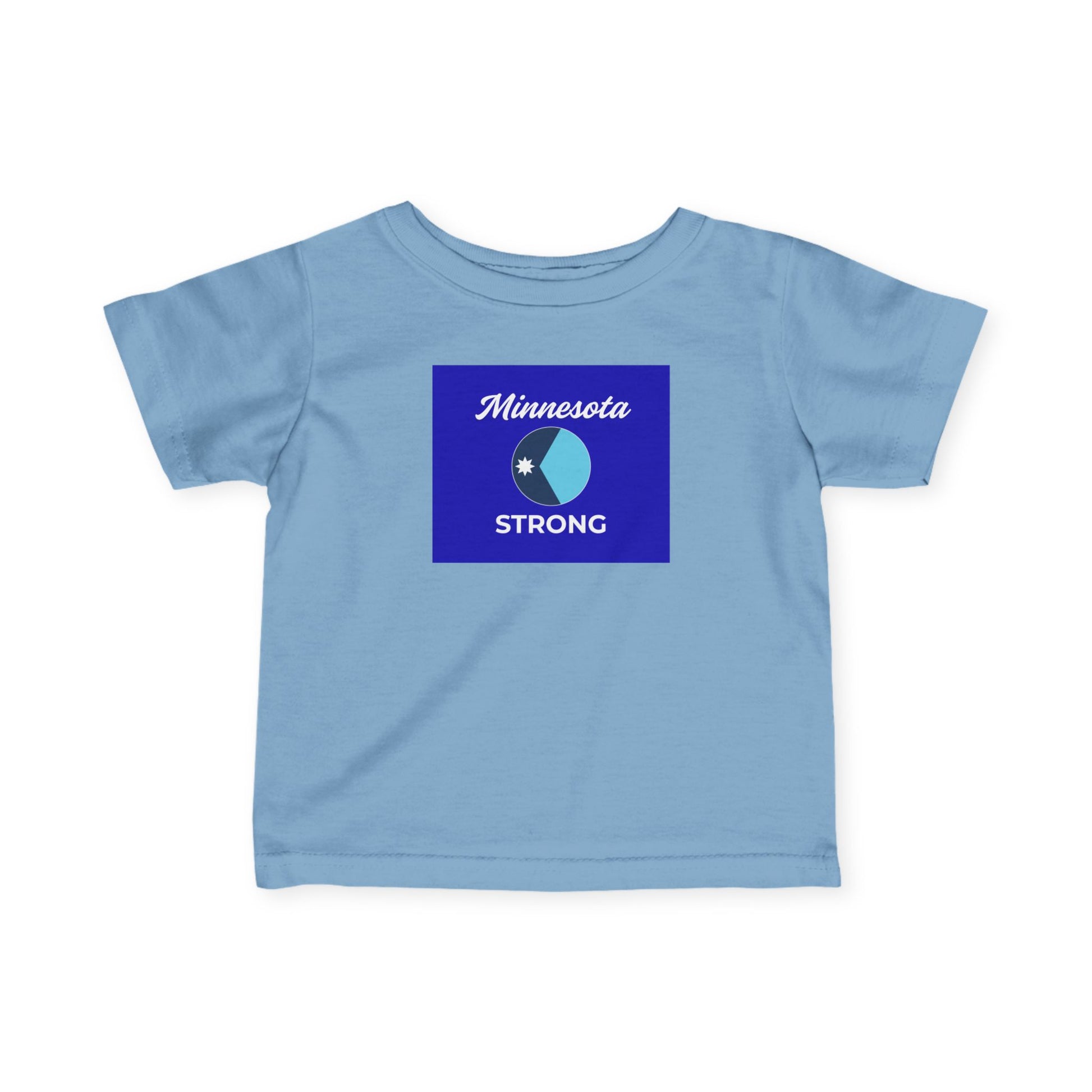 Light-blue toddler T-shirt featuring a navy graphic with Minnesota STRONG and a stylized badge, symbolizing resilience and comfort for everyday wear.