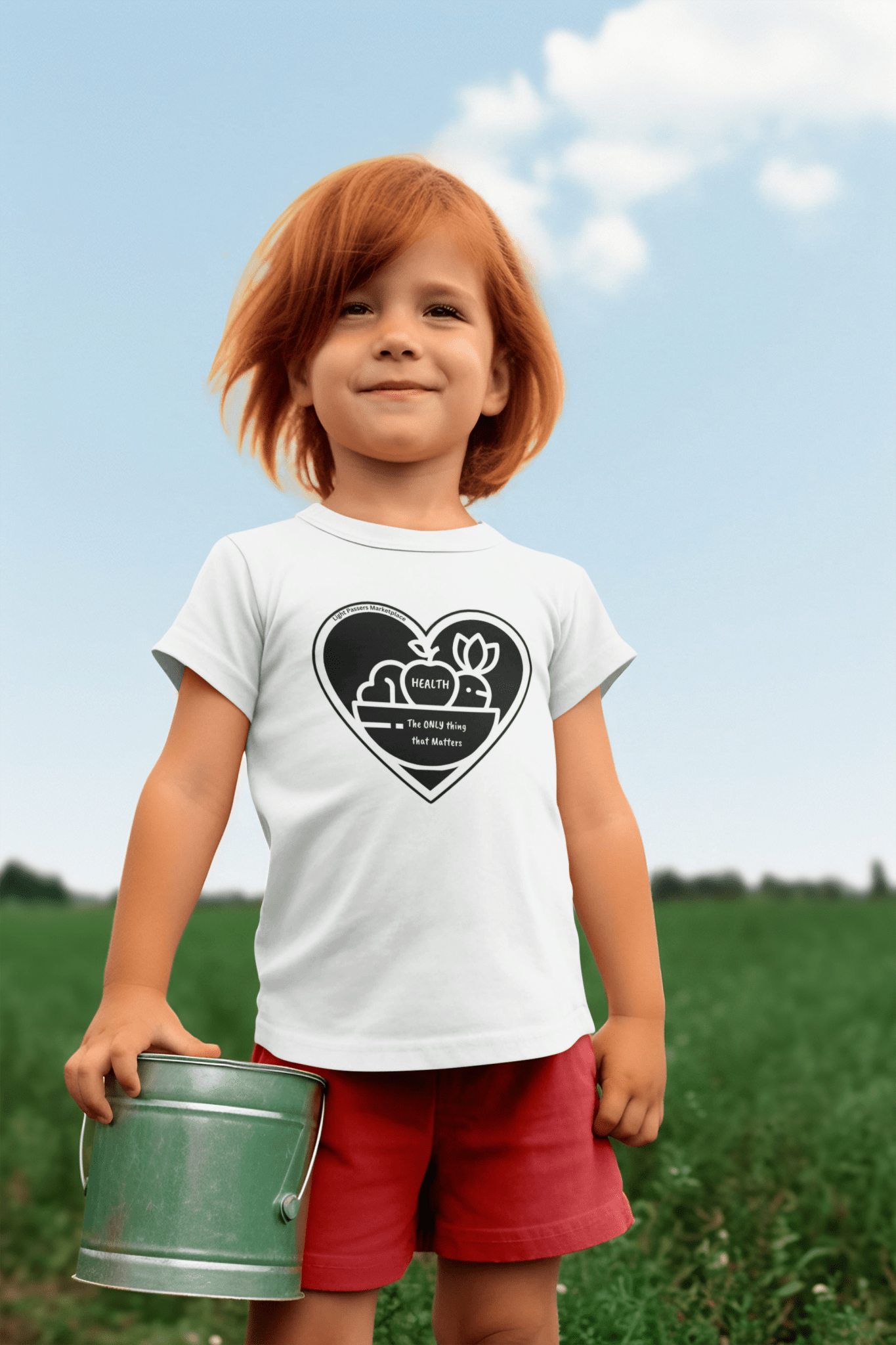 A toddler wearing a white tee with a heart logo and fruit basket design, holding a bucket. Made of soft, durable cotton for sensitive skin.