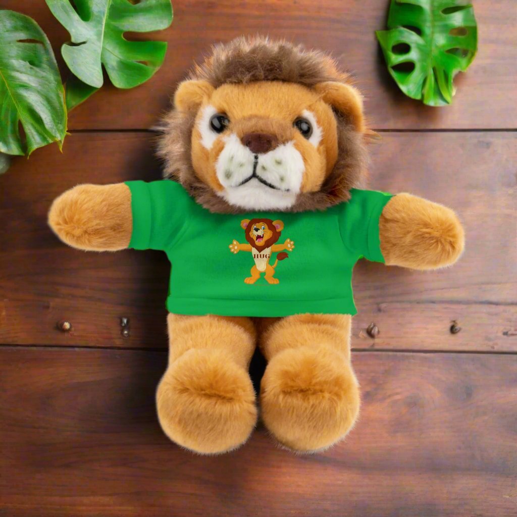Hug Lion wearing a removable apple green shirt with Hug Lion image on the shirt 8" tall