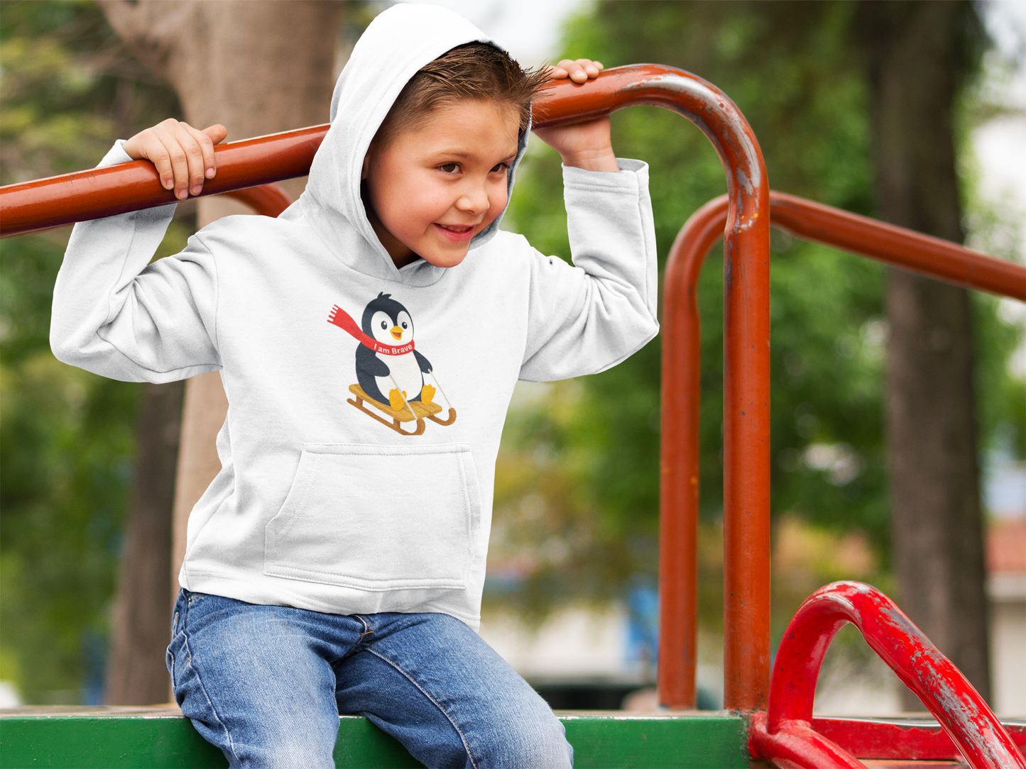 Toddler I am Brave red scarf Penguin Hoodie